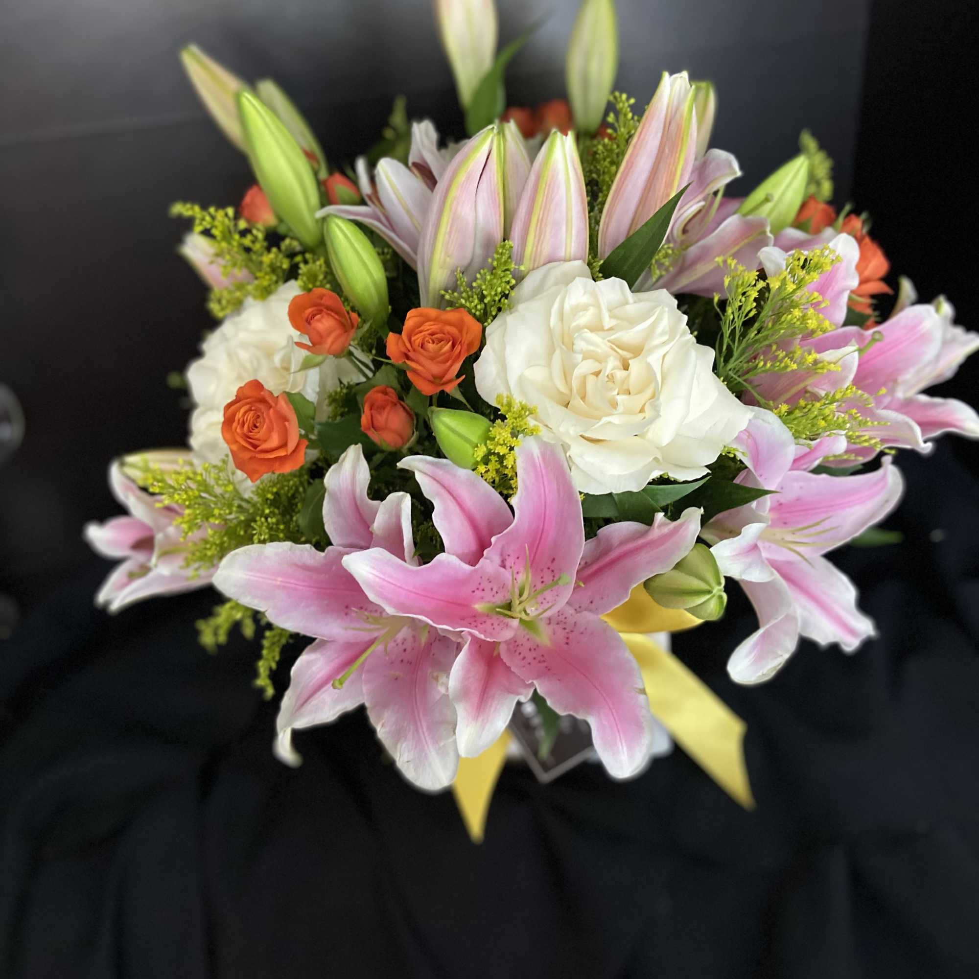 Lilis, White Roses, and Orange Spray Roses, Square Box