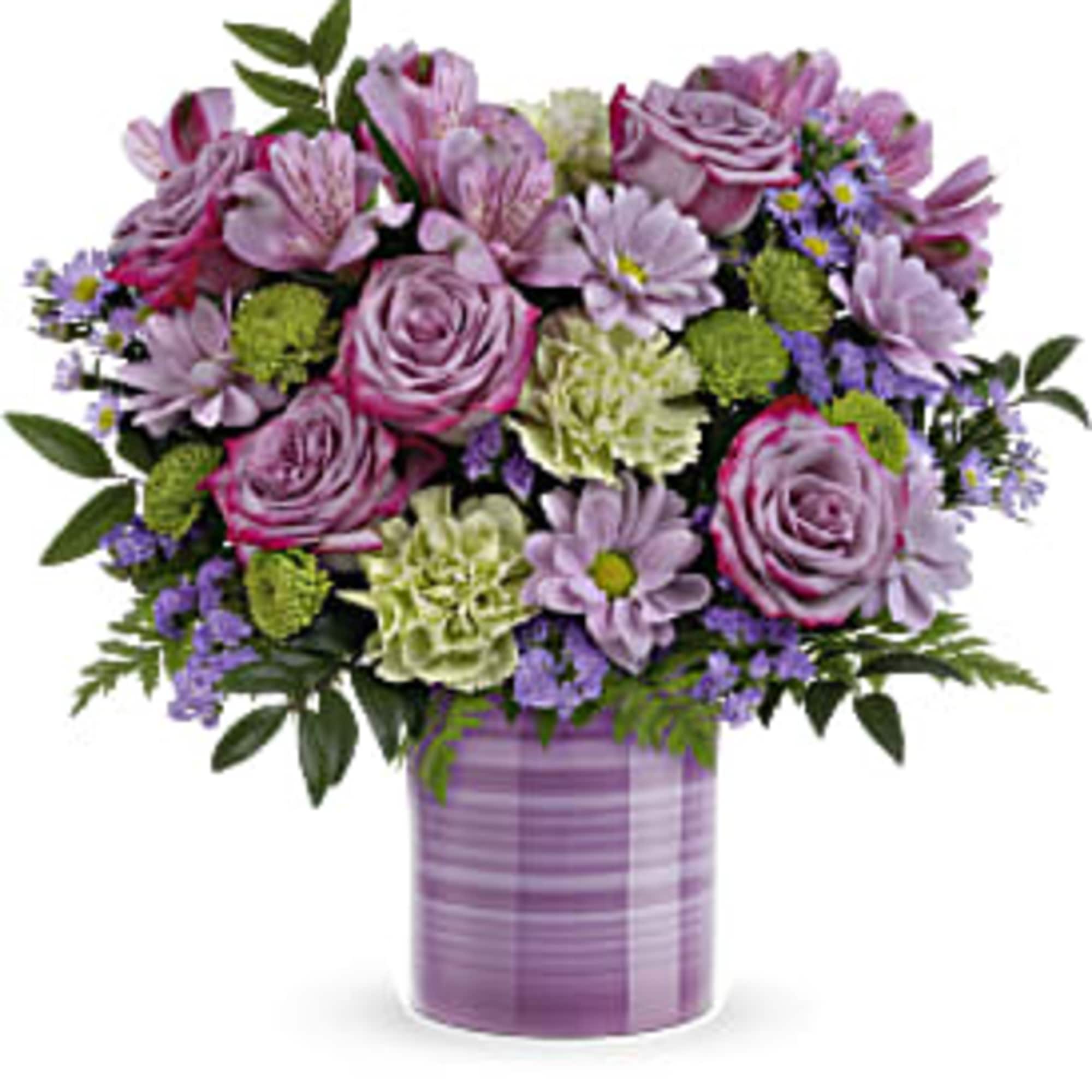 A bouquet of vibrant colors in a purple cylinder vase