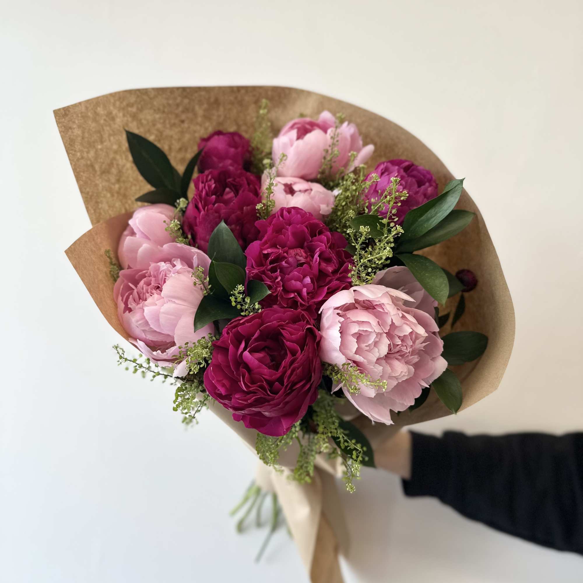 Bouquet of 10 mixed color peonies; shades of pink and white with