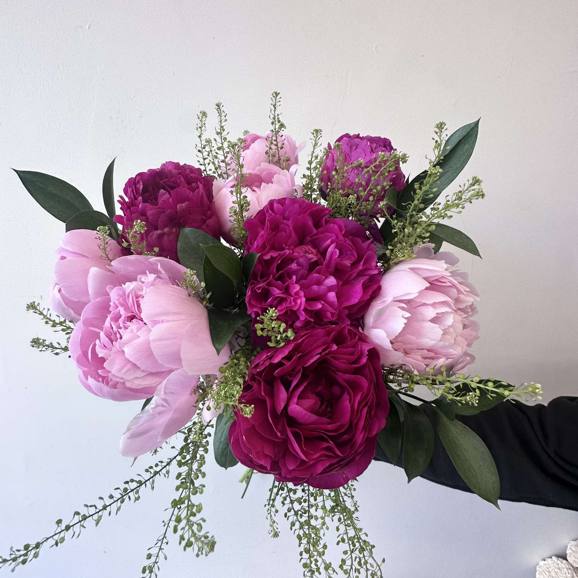 Bouquet of 10 mixed color peonies; shades of pink and white with