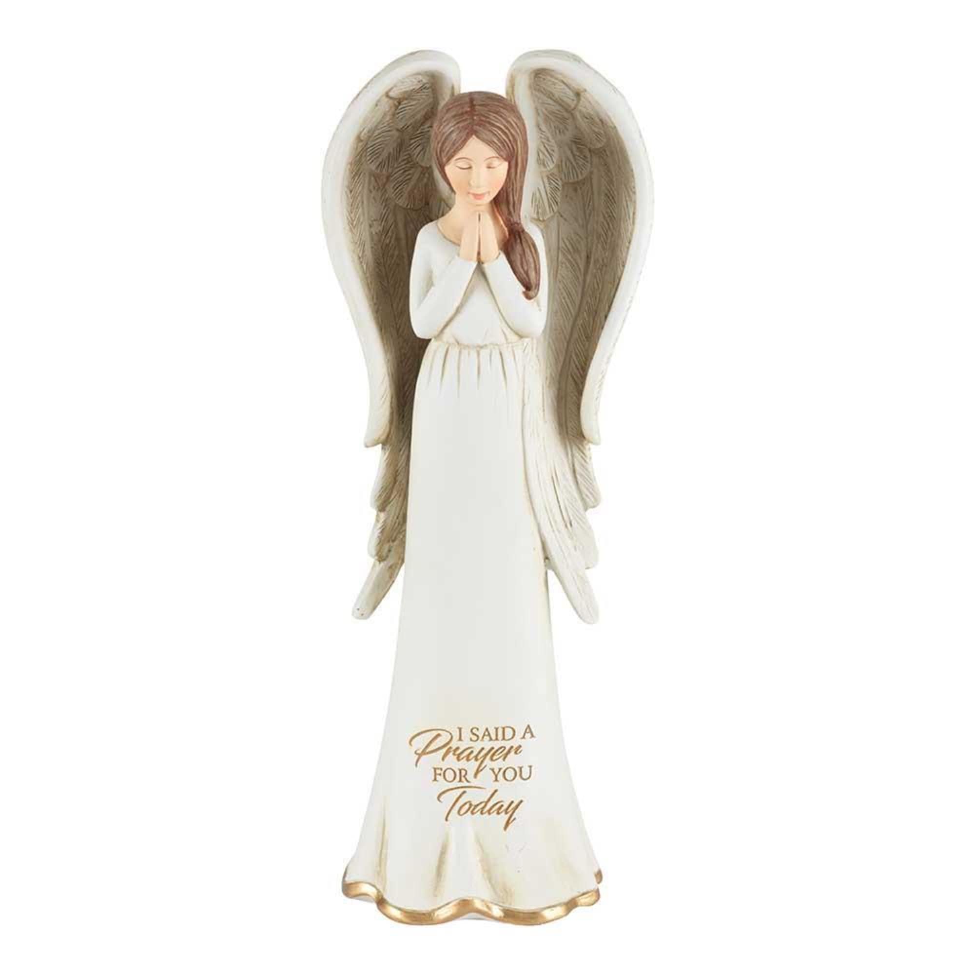 Angel with head bowed and hands folded in prayer. Inscription on her