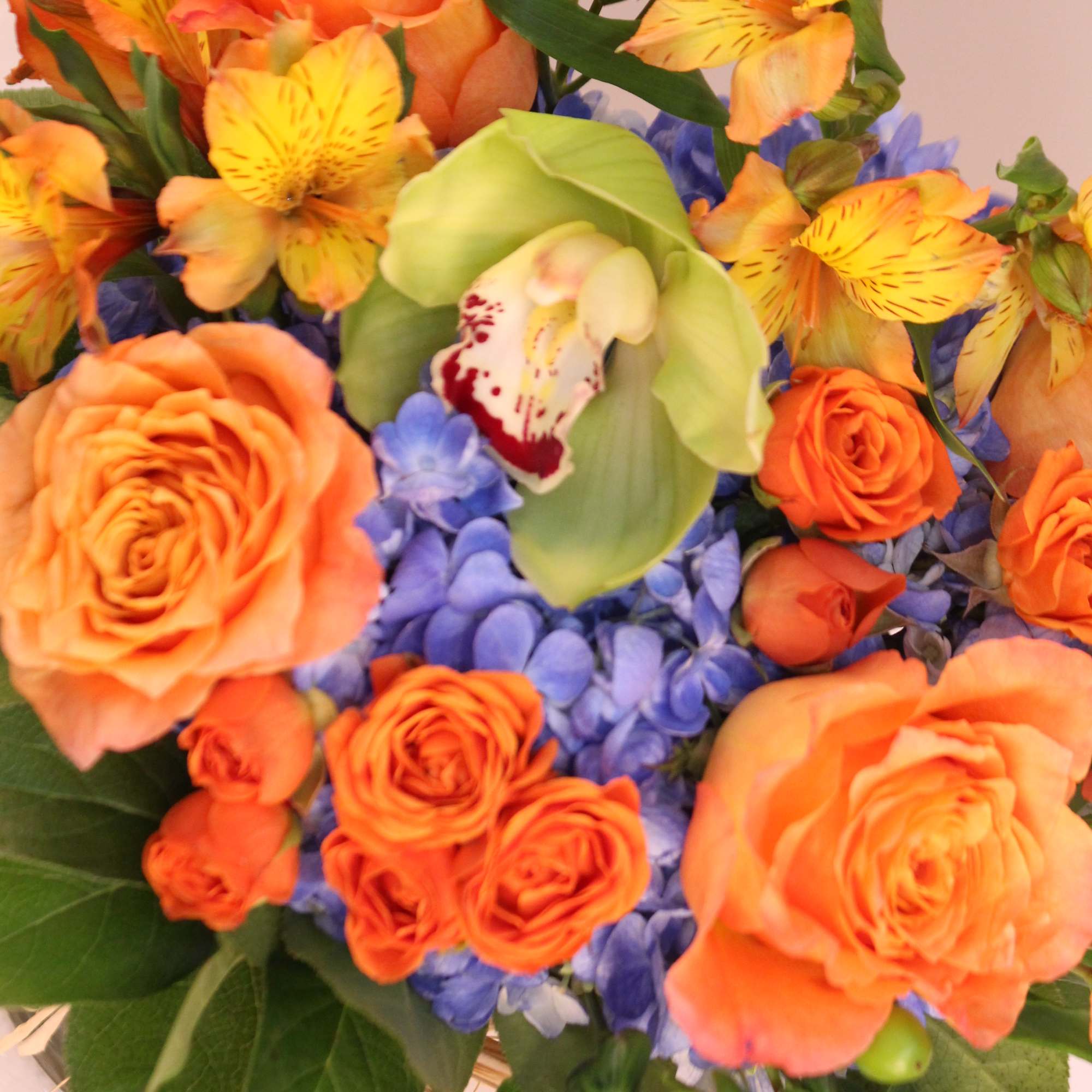 A bright and cheerful arrangement of hydrangeas, roses, orchid, alstromeria, and coffee