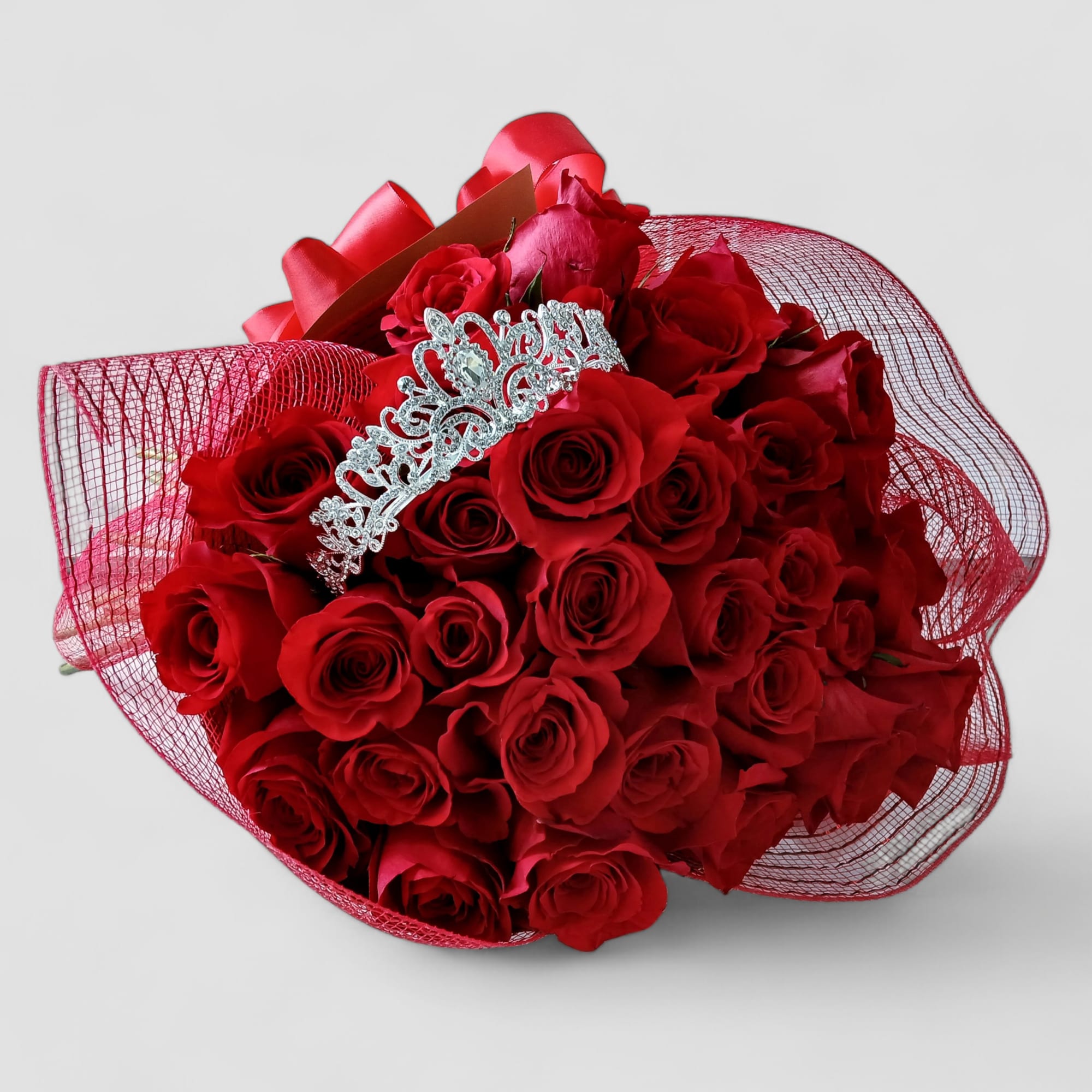 36 red rose bouquet wrapped in beautiful red wrap with a long