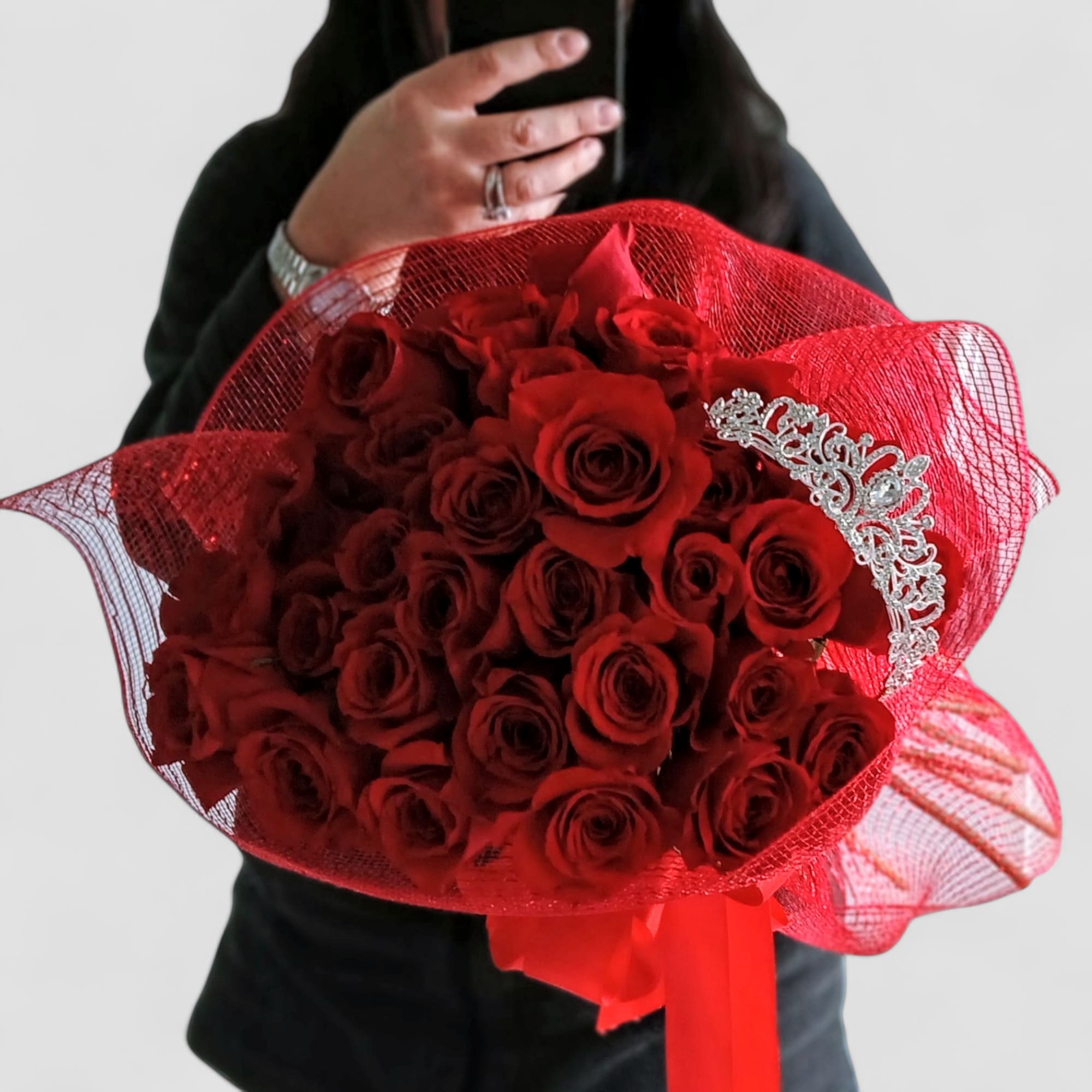 36 red rose bouquet wrapped in beautiful red wrap with a long