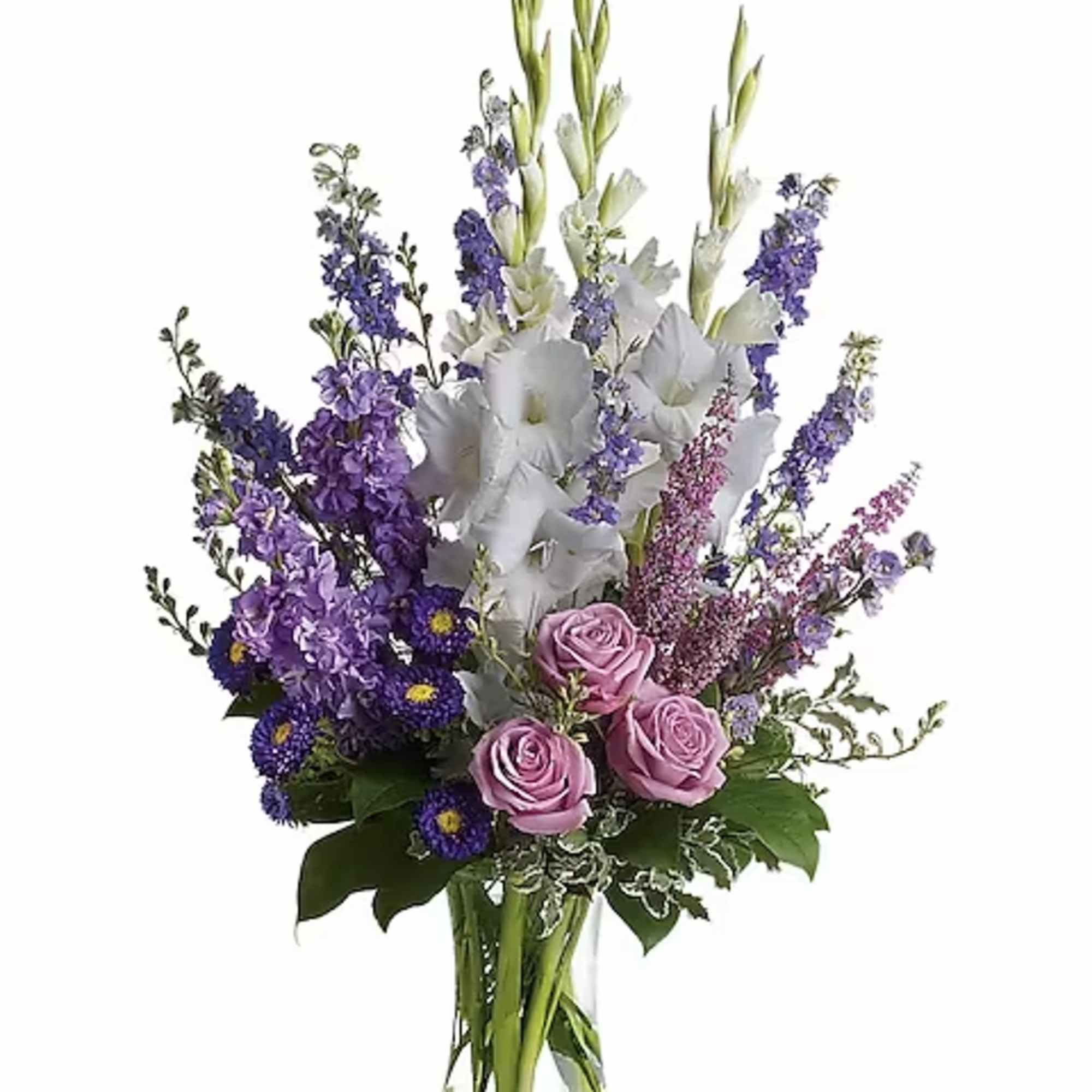 Lavender and white sympathy flowers make a grand statement in this joyful