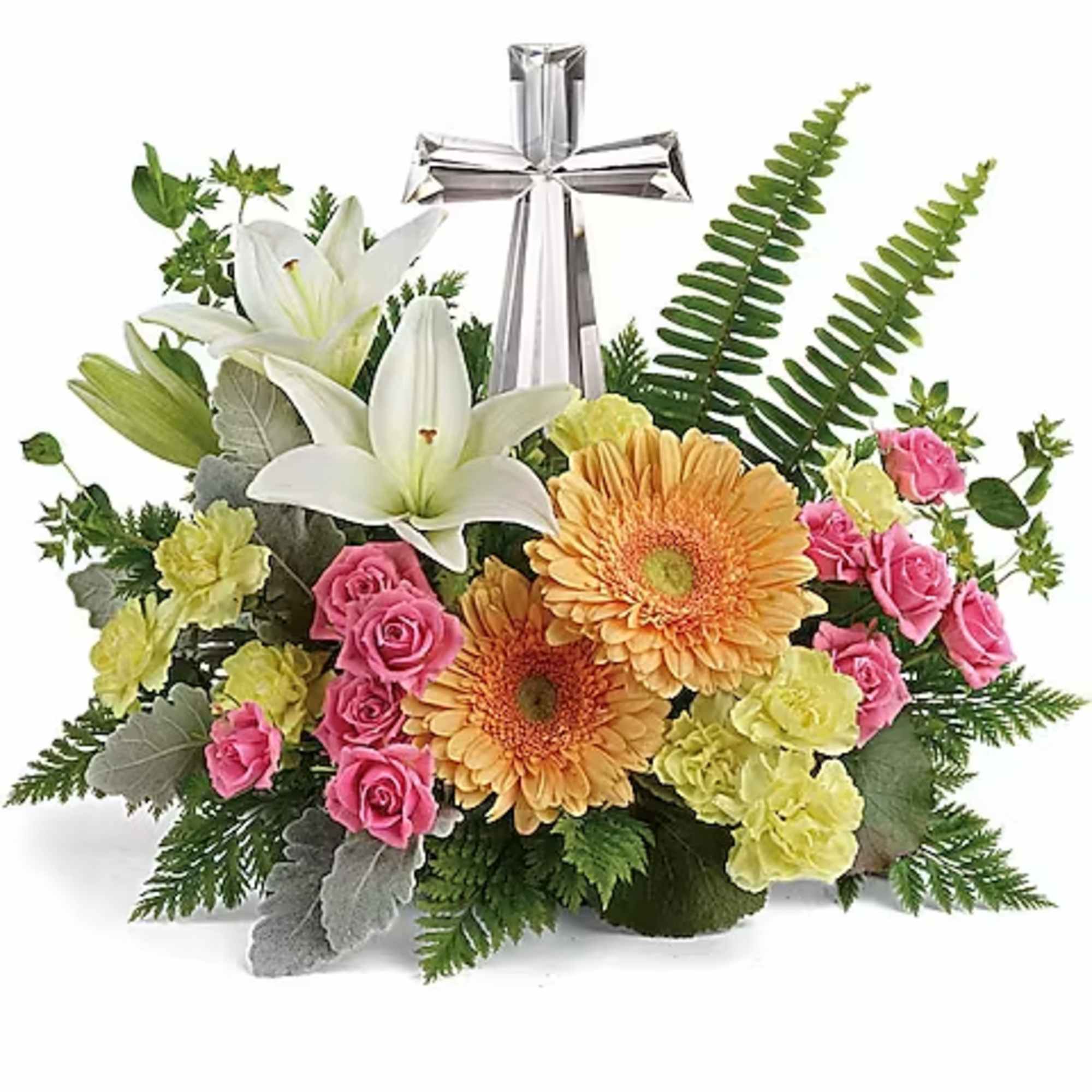 Nestled among bright orange gerberas, pink roses and white lilies, this precious