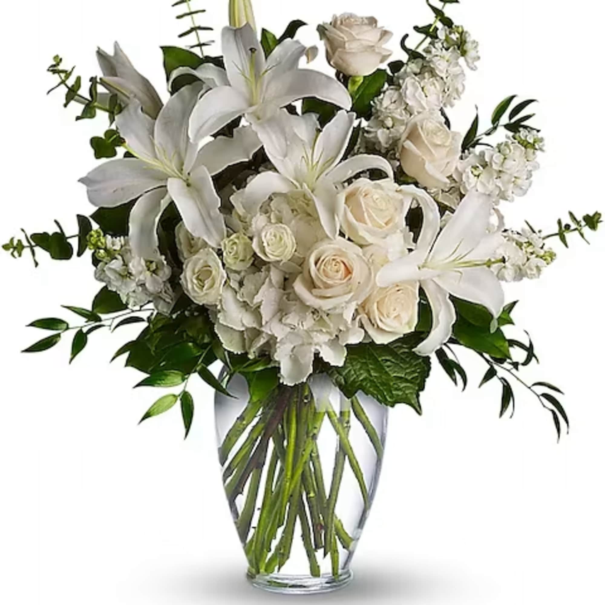 A lovely bouquet to soothe and comfort, a variety of white and