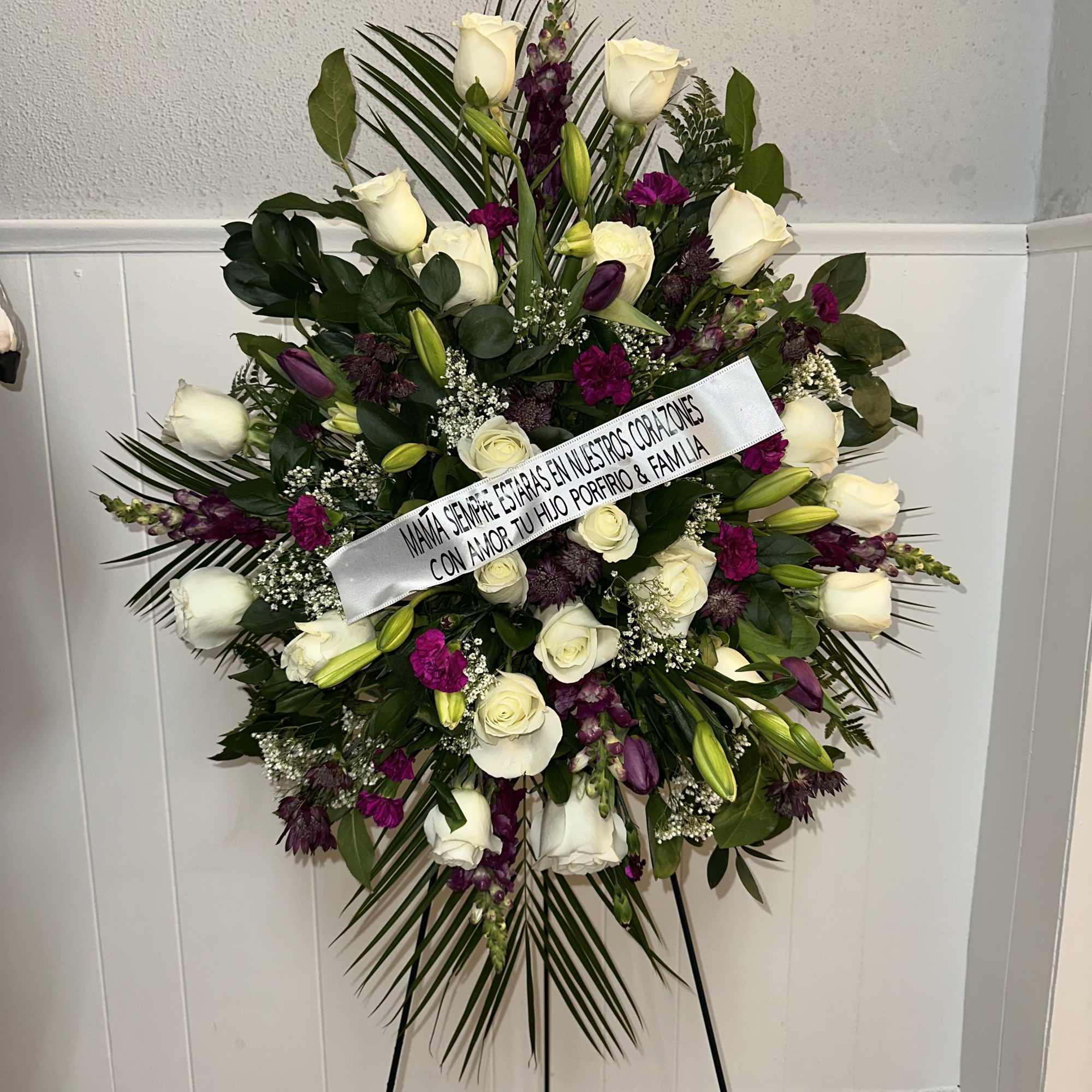 WHITE FUNERAL ARRANGEMENT WITH PURPLE TOUCHES, (YOU CAN CHOOSE THE COLOR OF