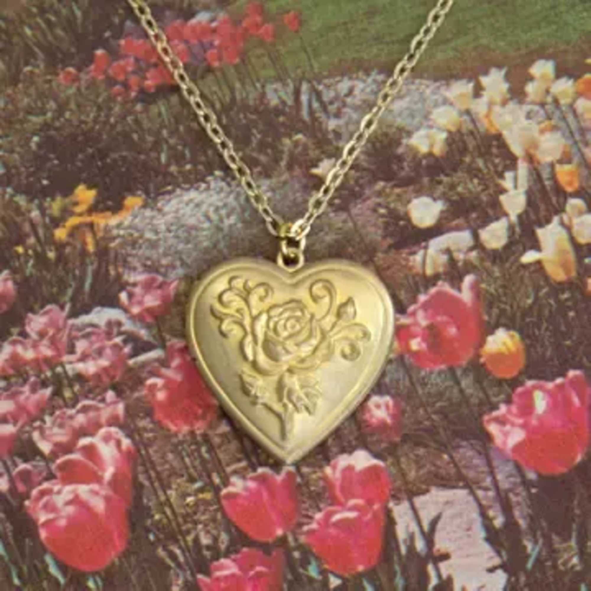 Deadstock vintage large brass heart locket charm with beautifully elegant 3D rose