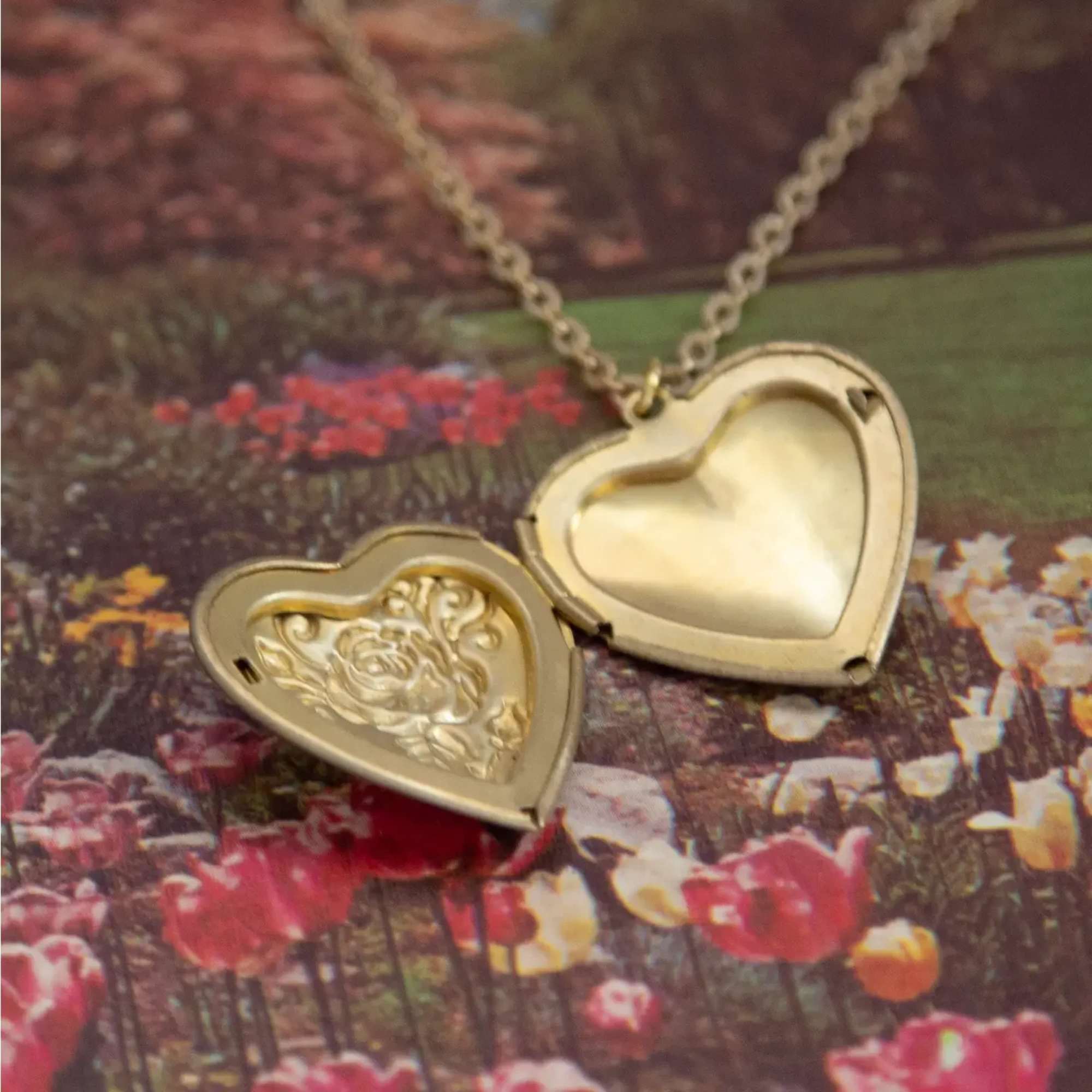 Deadstock vintage large brass heart locket charm with beautifully elegant 3D rose