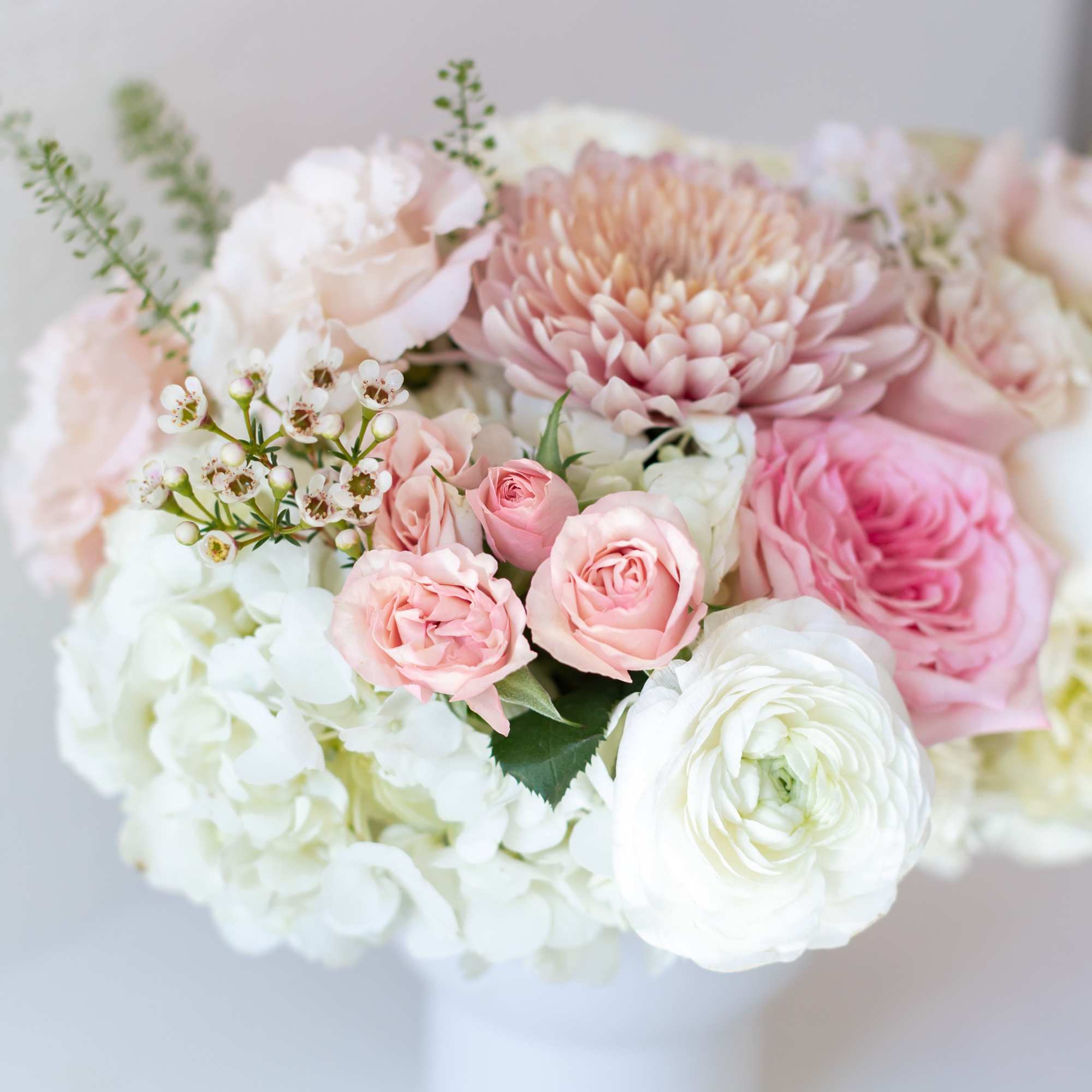 Modern love with this pale pink and soft fluffy whites with sage
