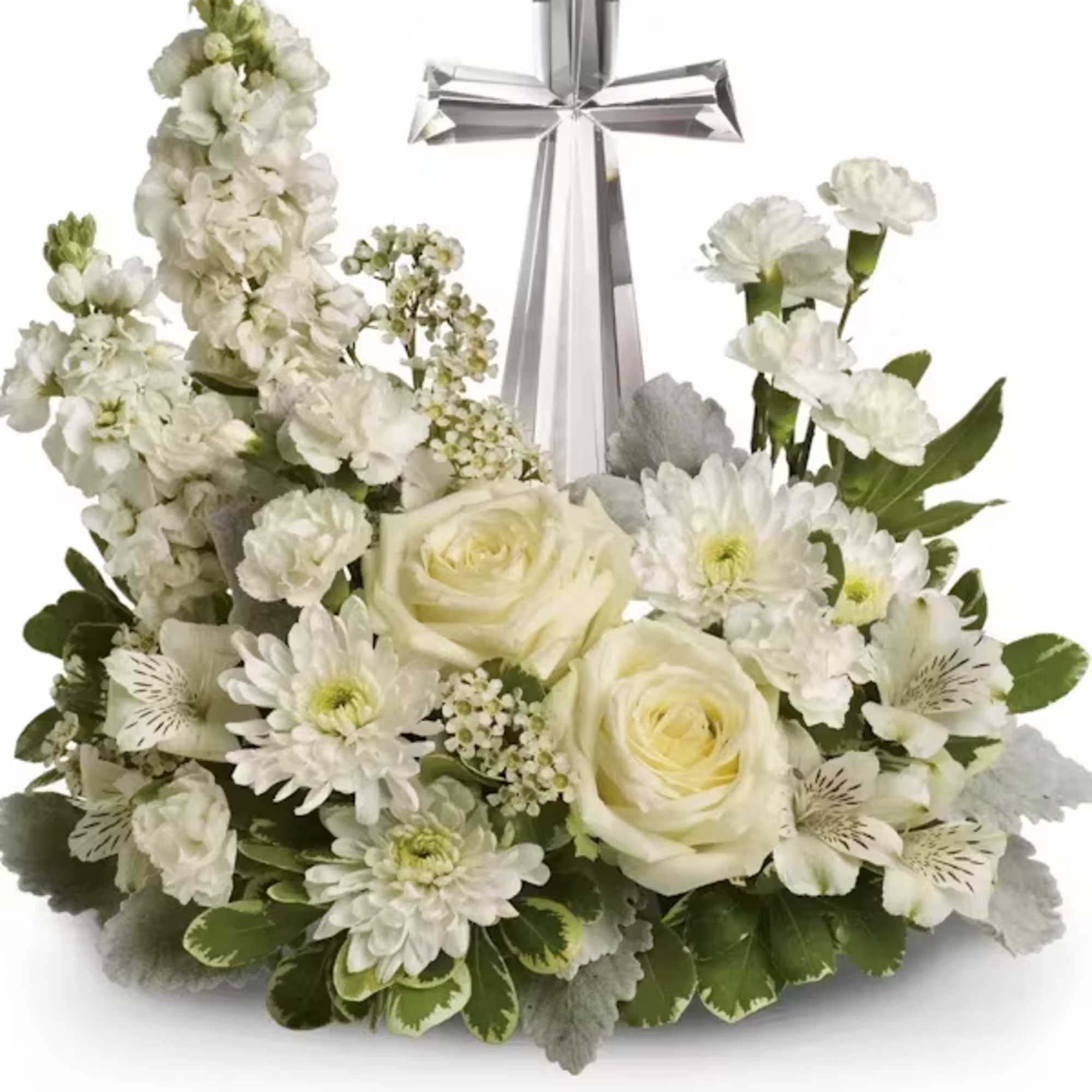 An elegant display of faith and divine peace, this beautiful arrangement will