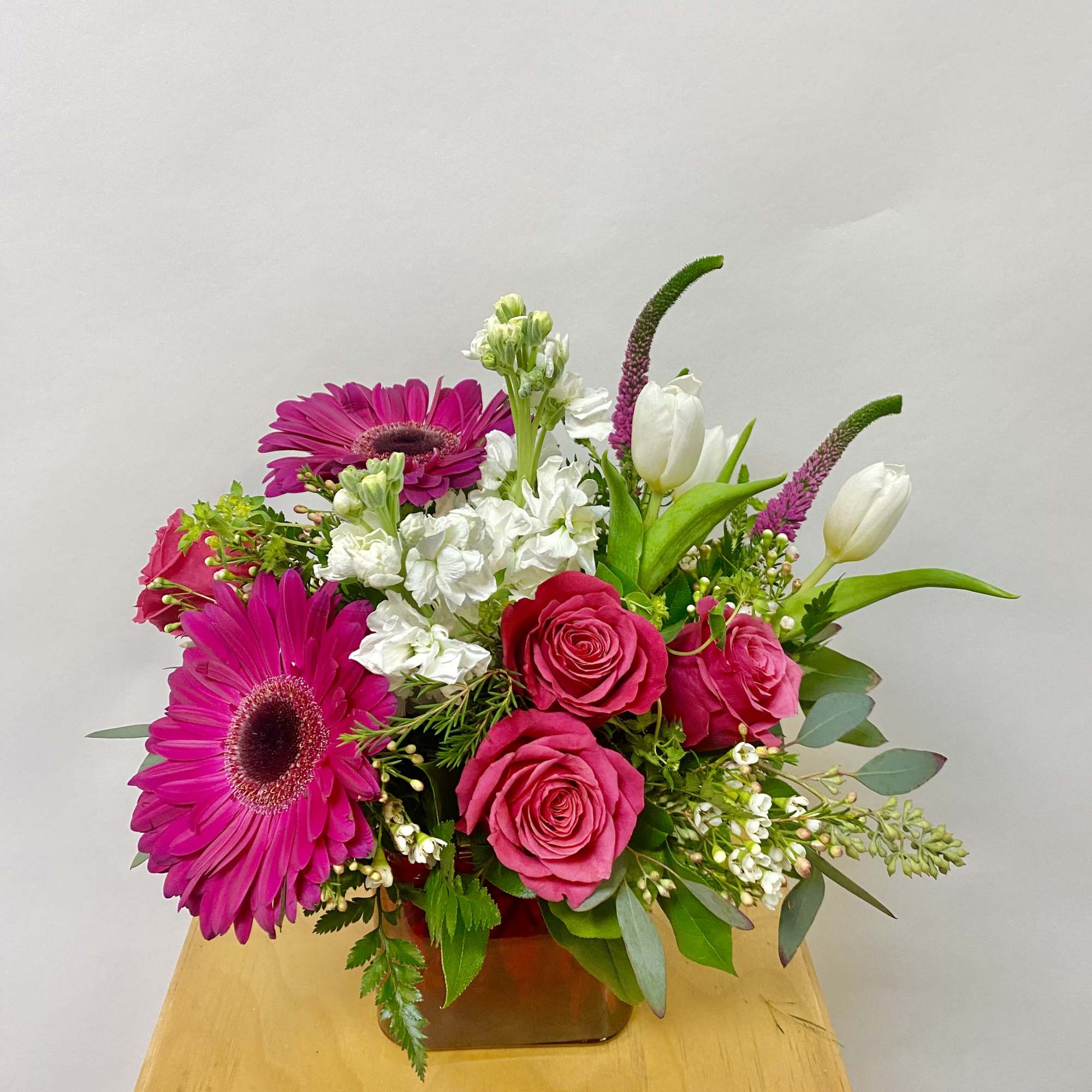 This Low and Lush Arrangement Includes Hot Pink Gerbera, Hot Pink Rose&#039;s