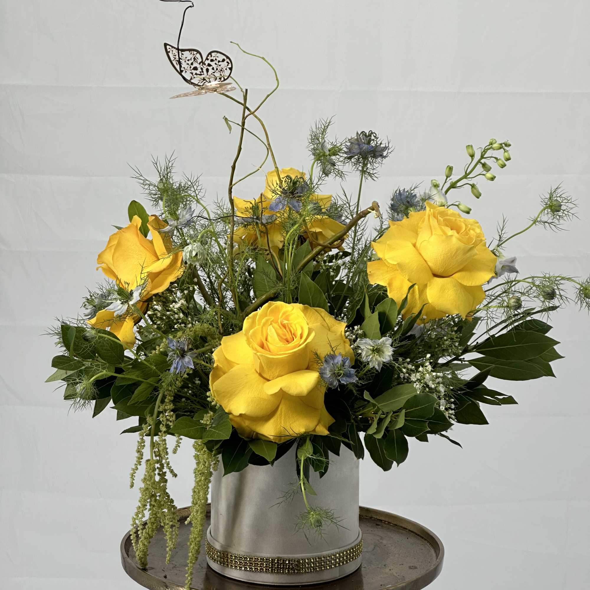 Beautiful yellow roses , greenery and flowers box is a great combination