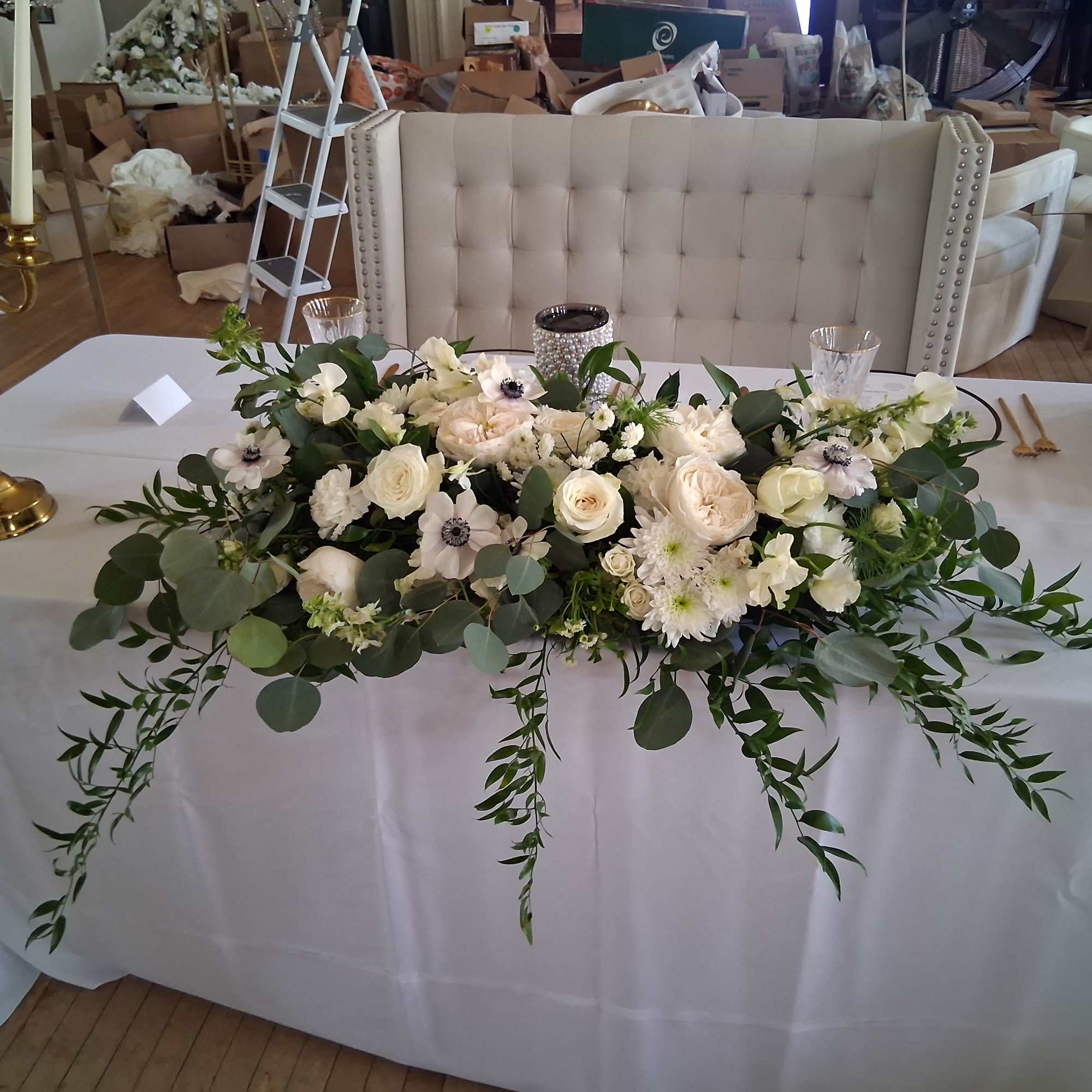 Vintage romantic white garden and standard roses, anemones, stuck, daisies, carnations and