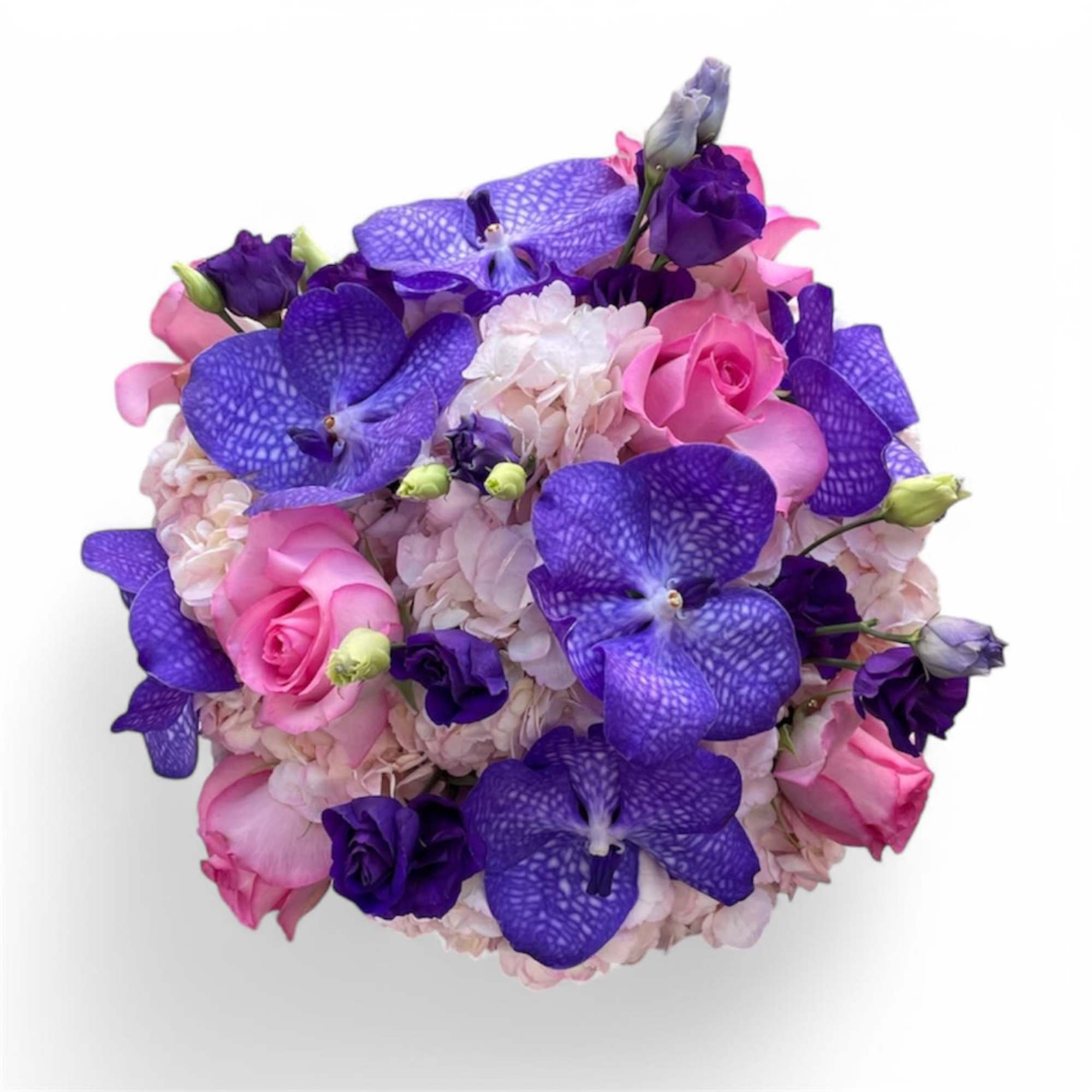 This gorgeous arrangement has purple vanda orchids, lisianthus, pink roses, and hydrangeas.