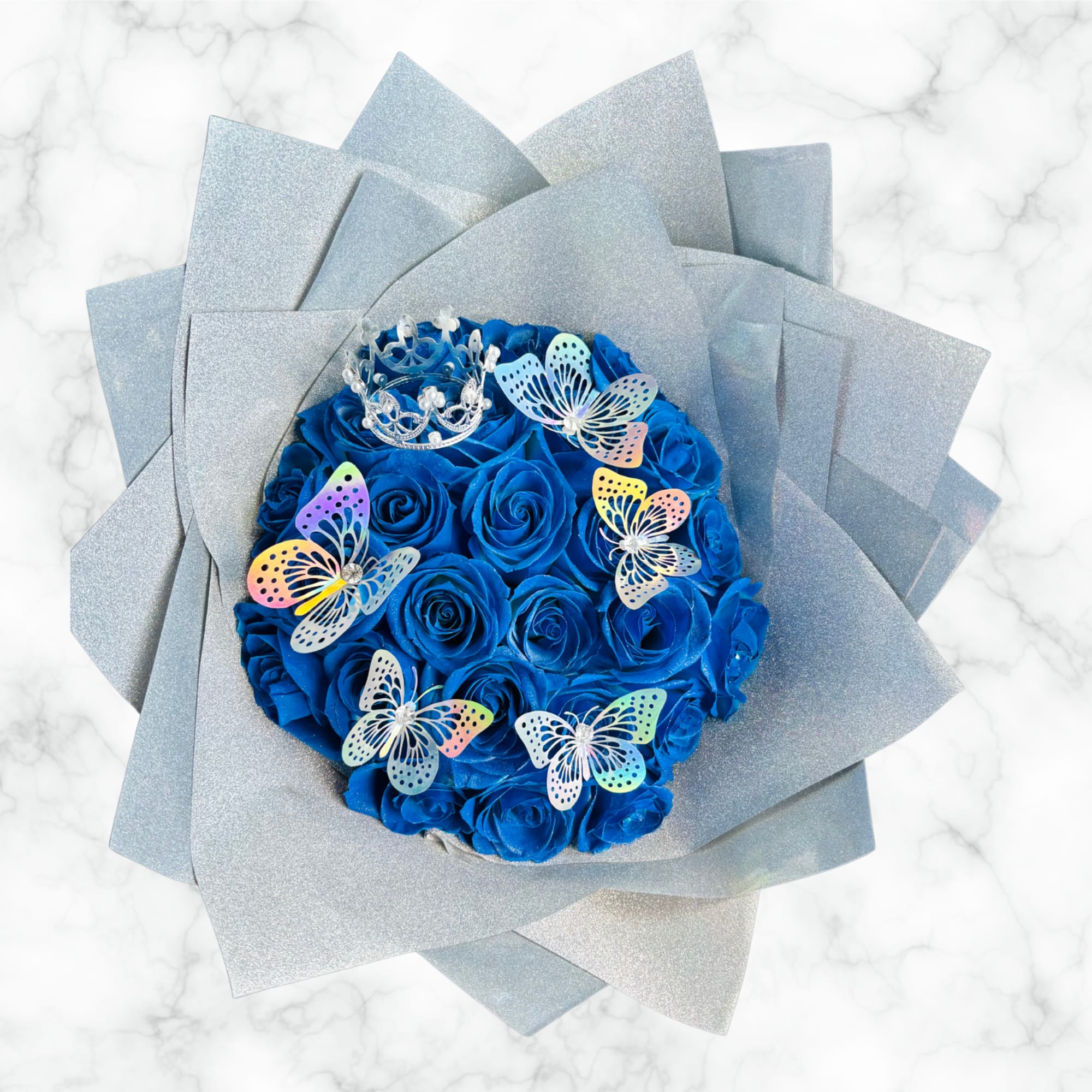 Bouquet comes with crown and butterflies. Colors of accessories such as paper