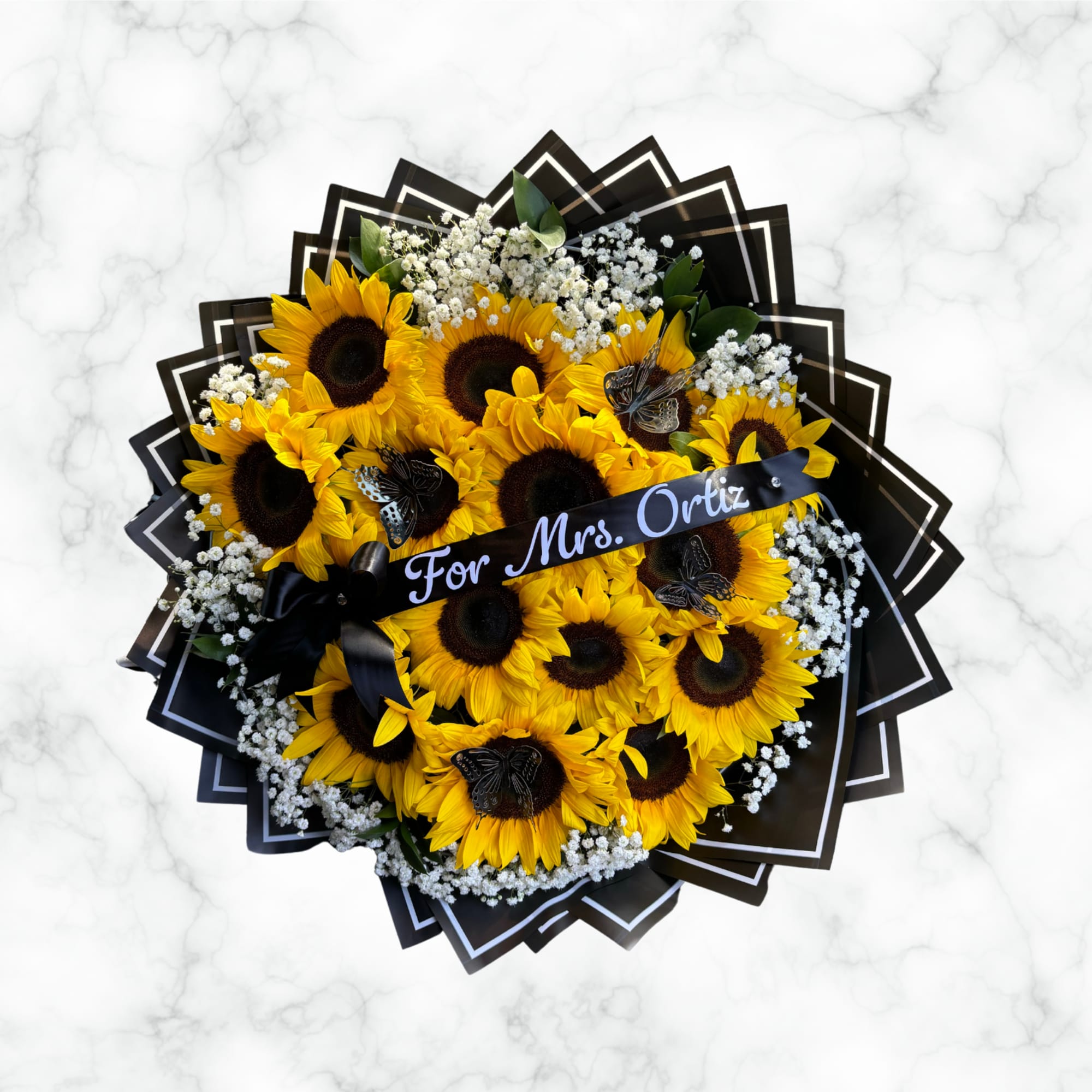 This sunflower bouquet brings 15, they are perfectly rounded and with baby
