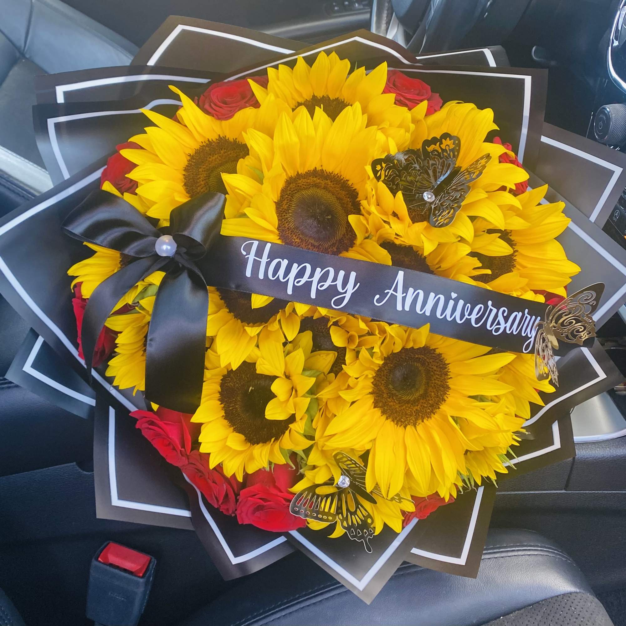 Customized sunflower bouquet with personalized ribbon