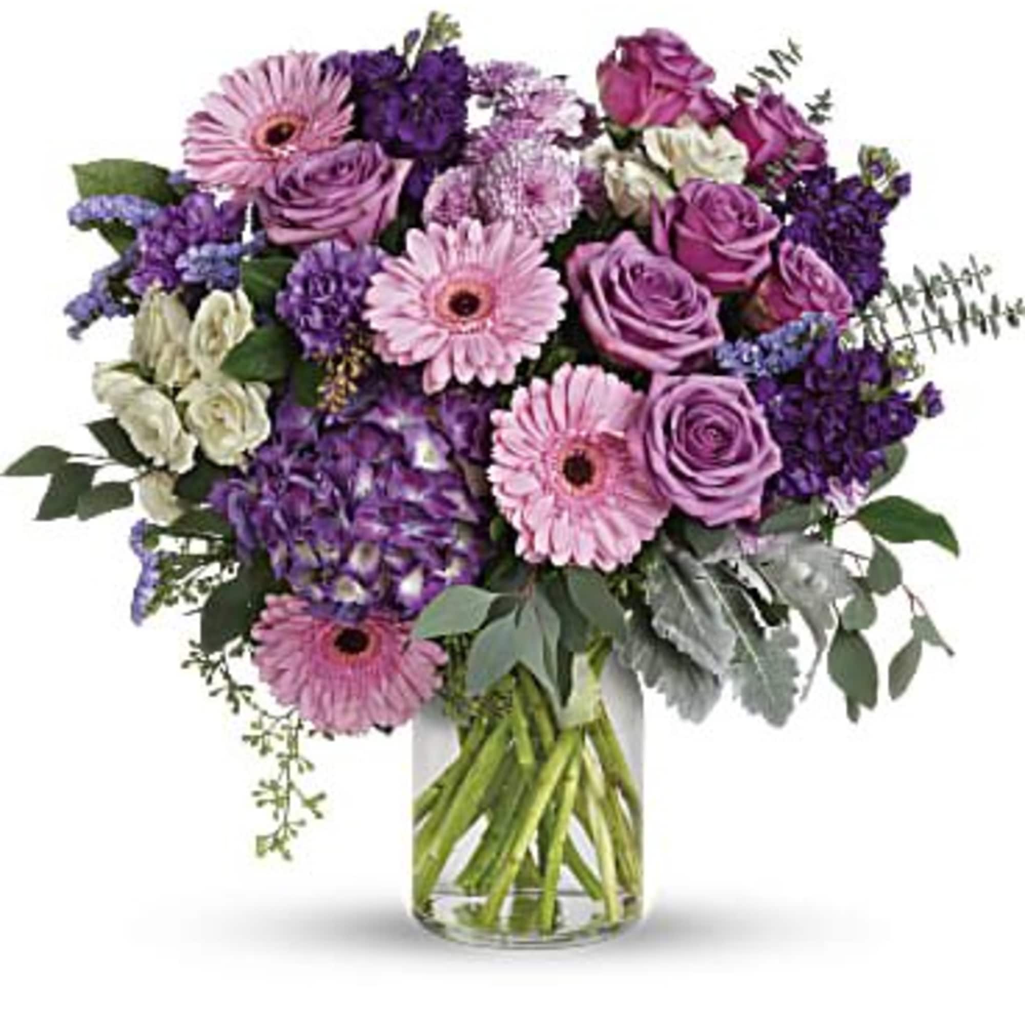 This harmonic mix of deep purple hydrangea with light lavender roses and