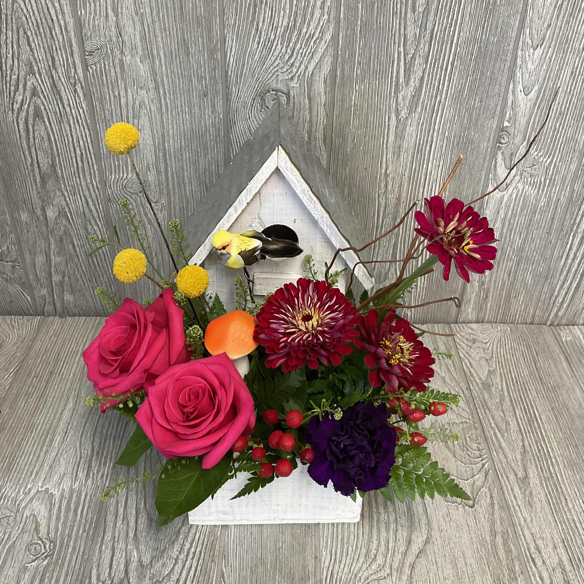 A cute wooden bird house with flowers, bird, and a mushroom! Flowers A cute wooden bird house with flowers, bird, and a mushroom! Flowers