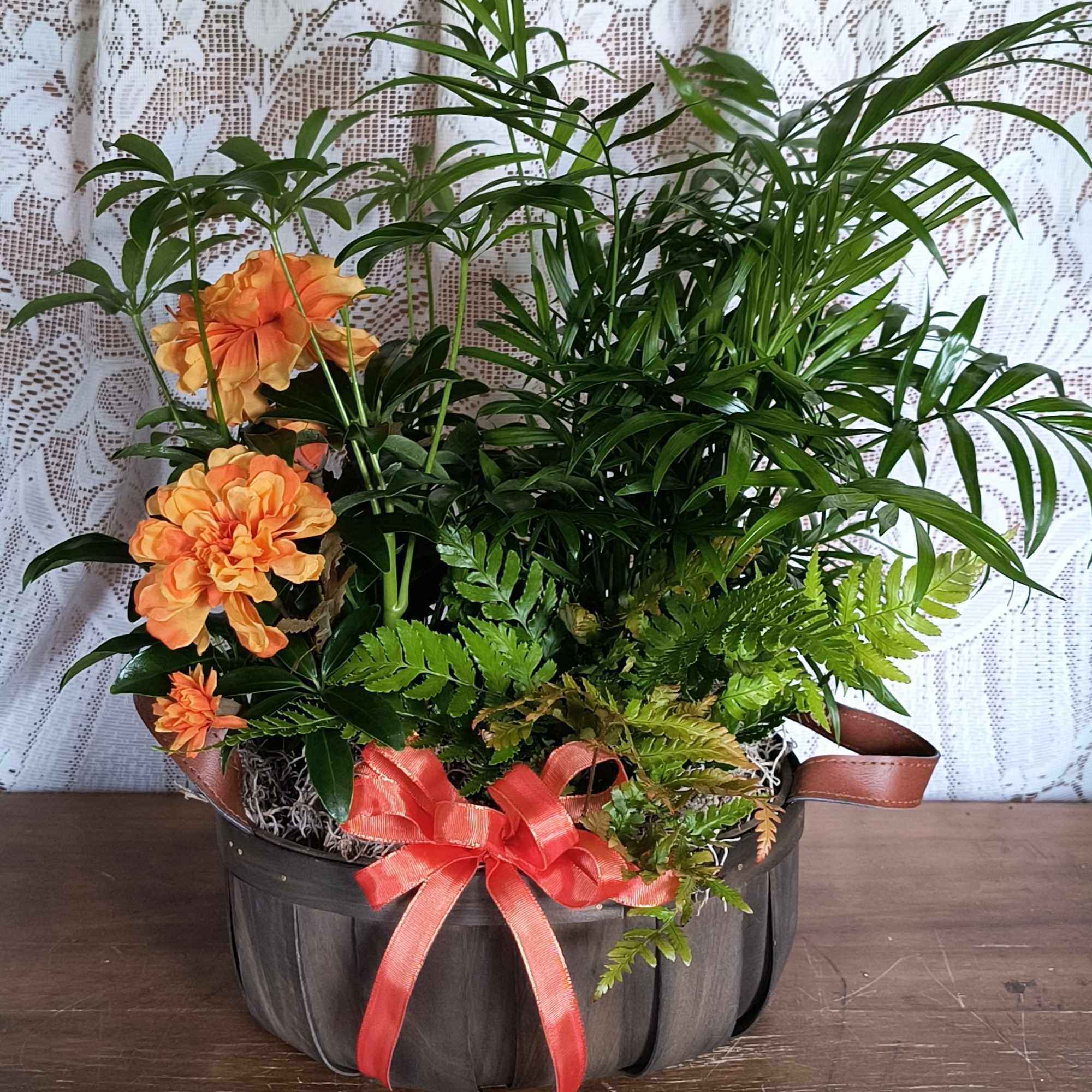 This basket of plants accented with a permanent botanical will send your This basket of plants accented with a permanent botanical will send your