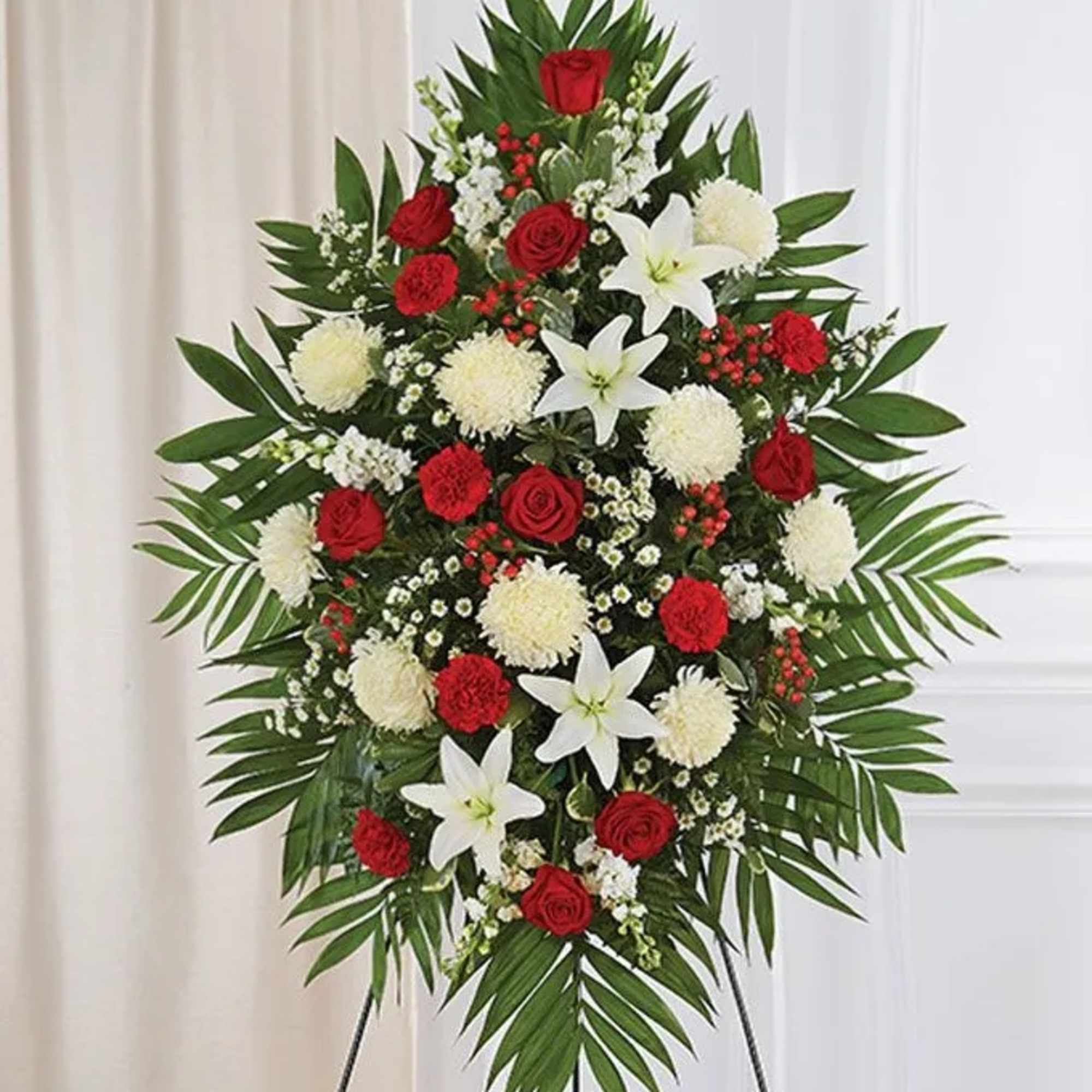 Beautiful red and white floral standing spray for delivery today. Florist arranged