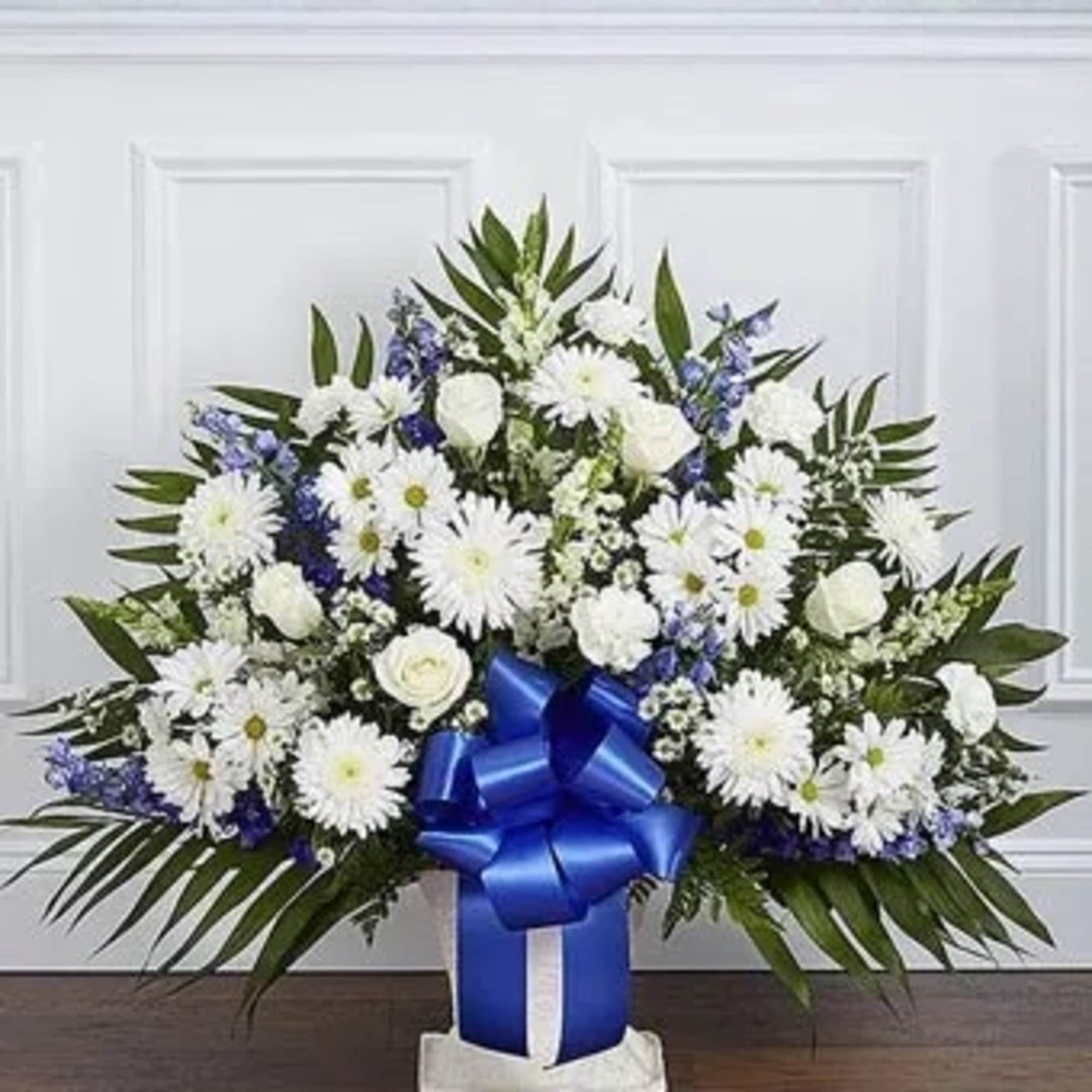 Standing basket arrangement with white roses, White Roses, White Carnations, White Snapdragons