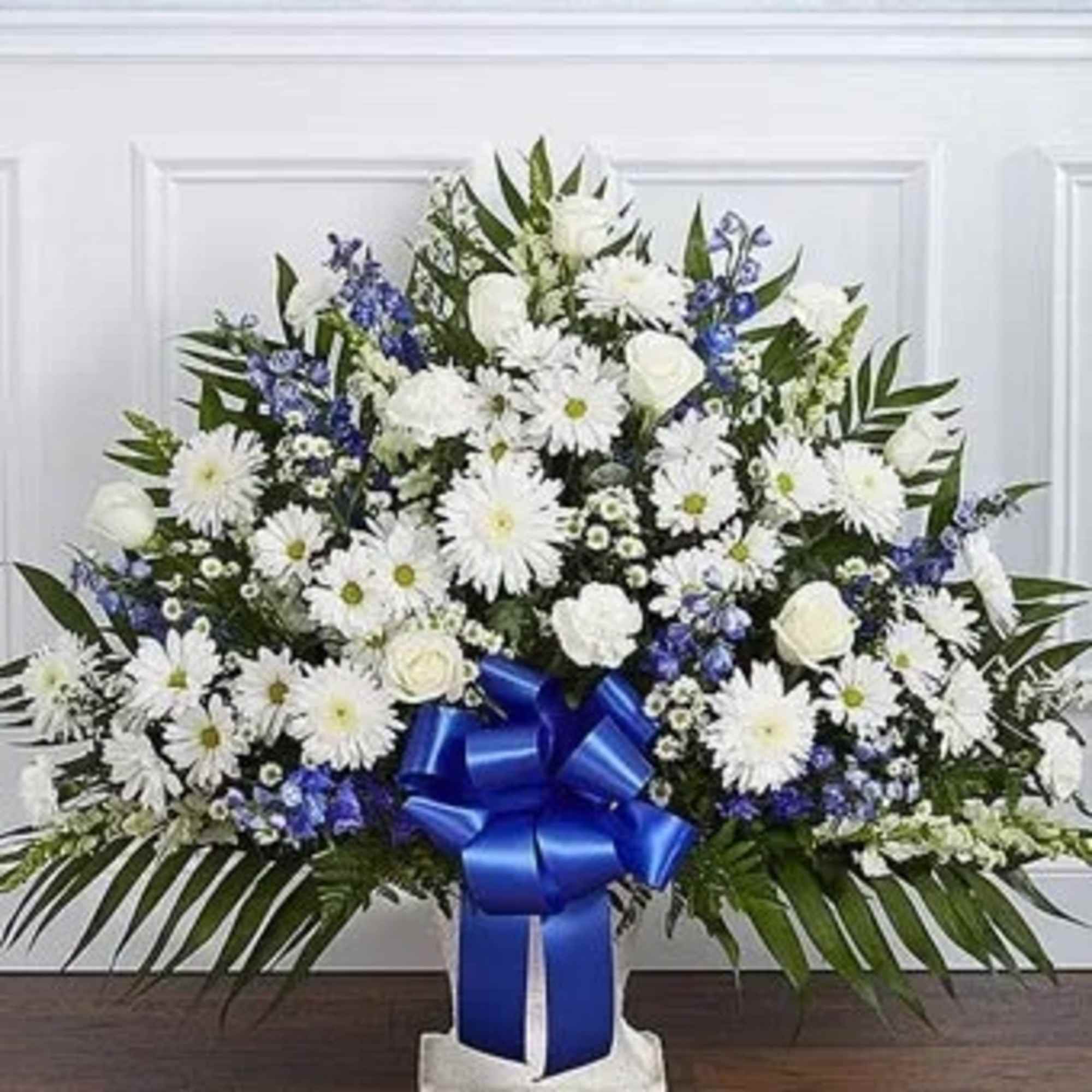Standing basket arrangement with white roses, White Roses, White Carnations, White Snapdragons