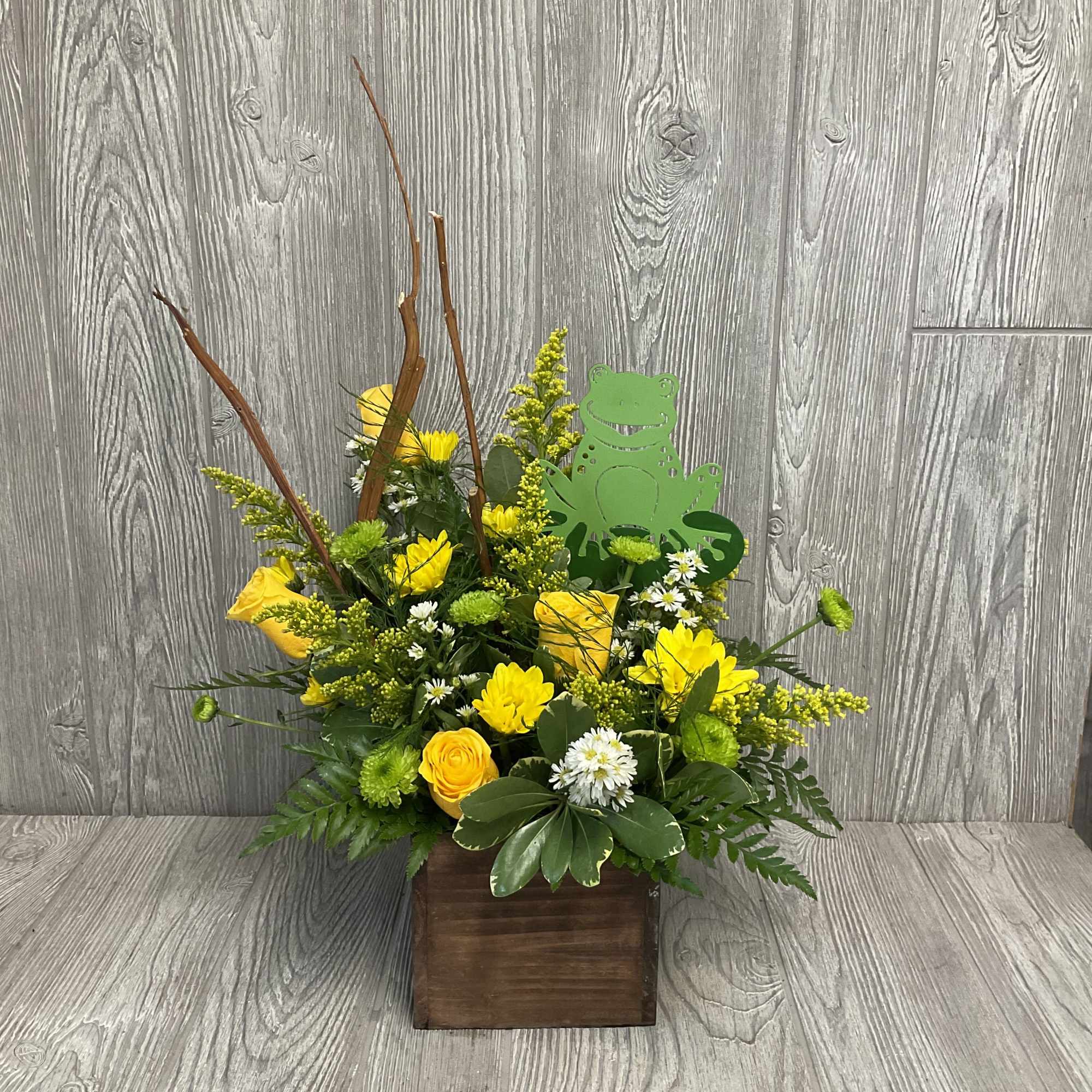 Cute frog arrangement in a wooden box with a metal frog pick Cute frog arrangement in a wooden box with a metal frog pick