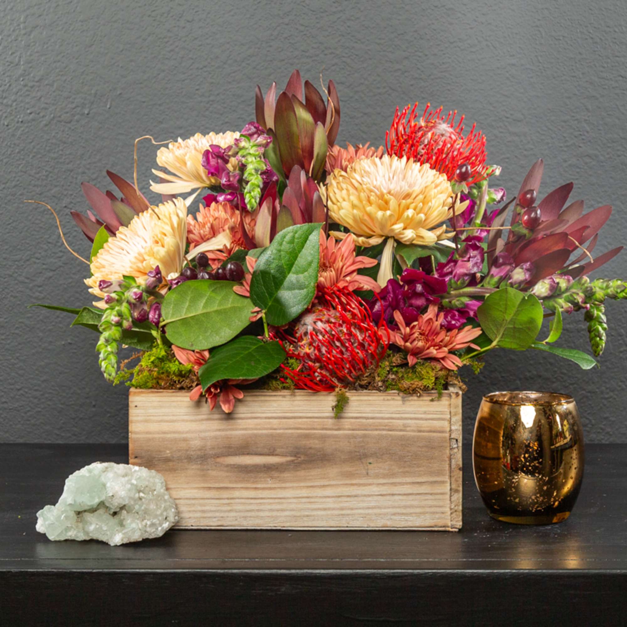 This, our most classic rustic wooden box filled with fall colors, but
