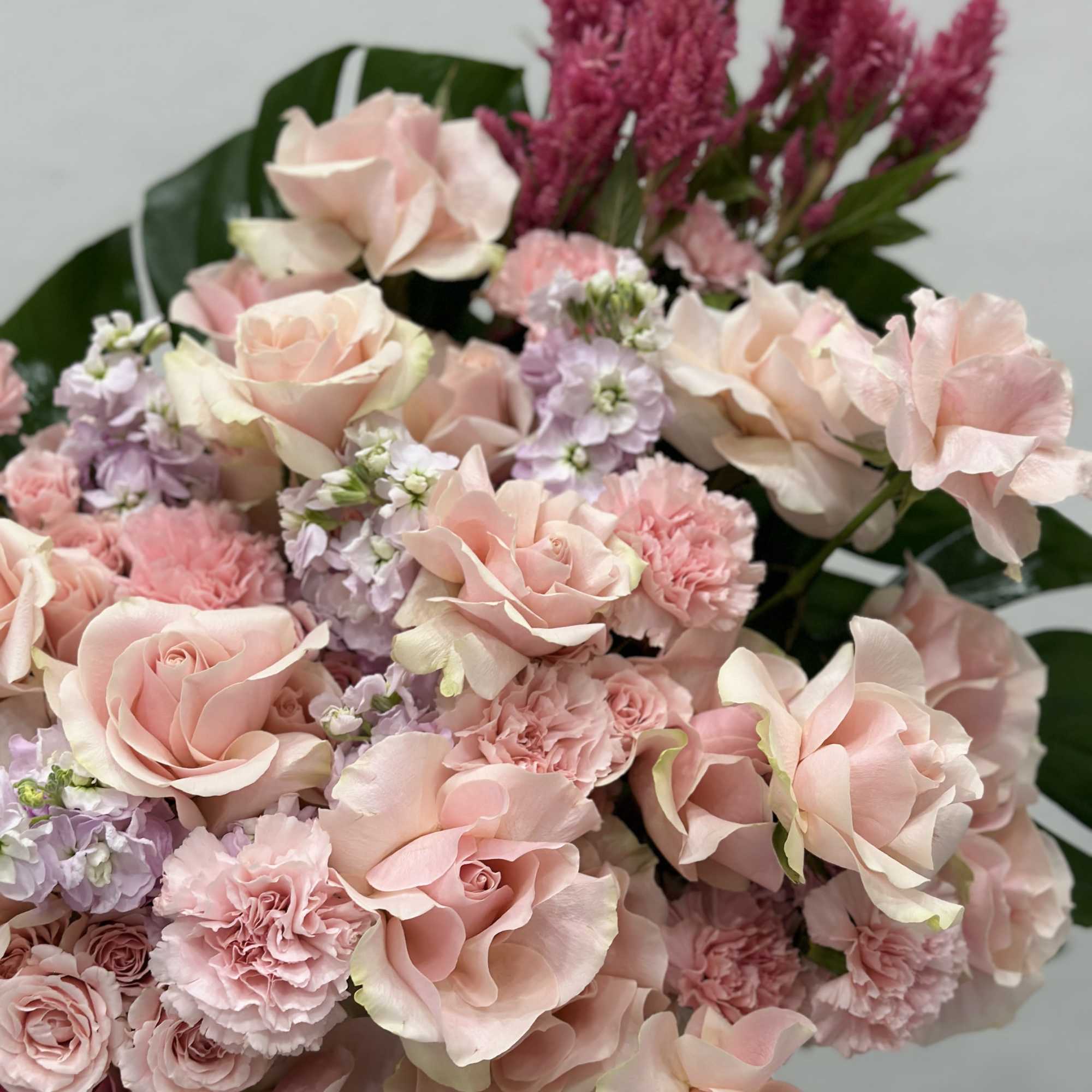 This luxurious arrangement features the timeless beauty of soft pink roses, paired