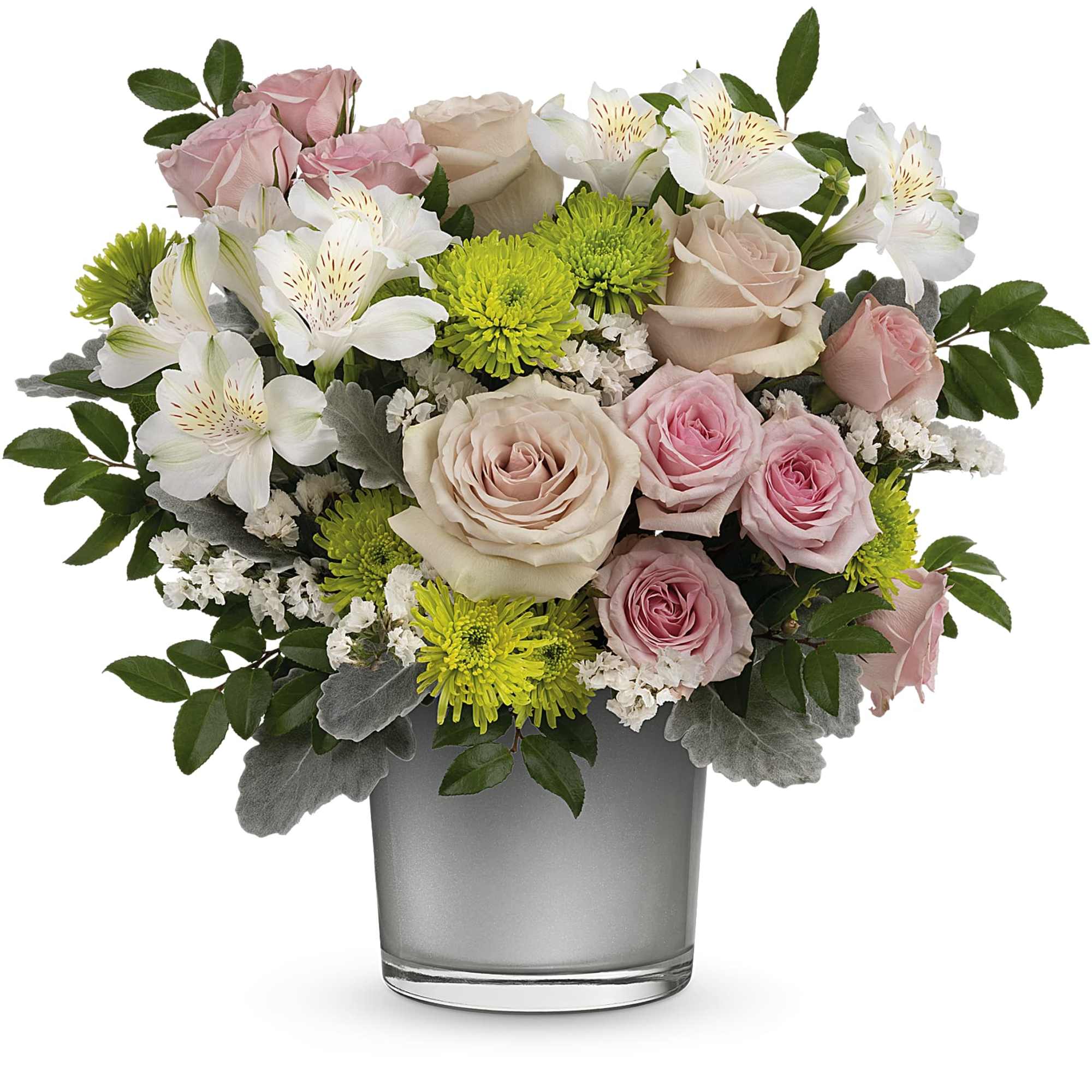 Presented in a shimmering silver moonstone glass vase, this feminine pink rose