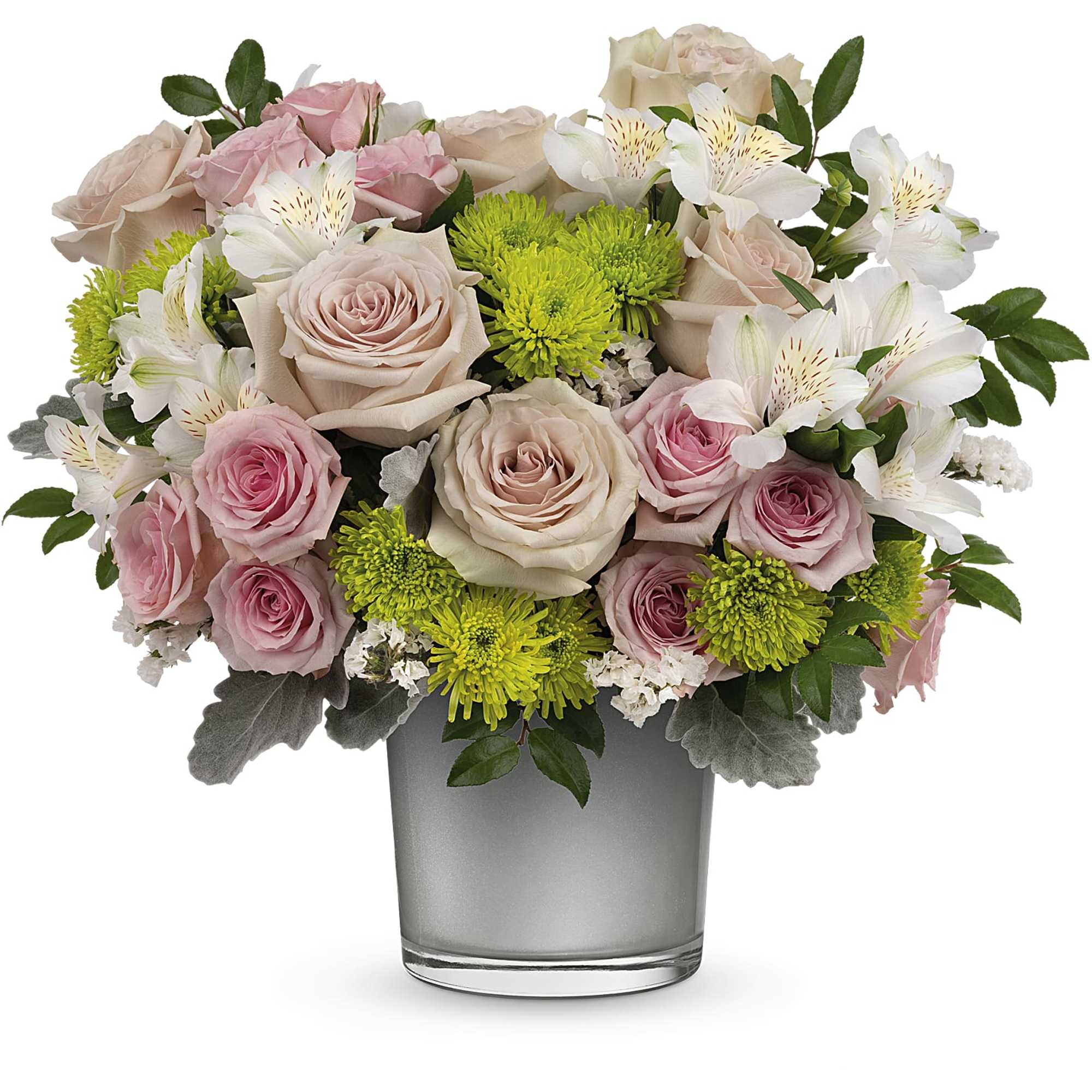 Presented in a shimmering silver moonstone glass vase, this feminine pink rose