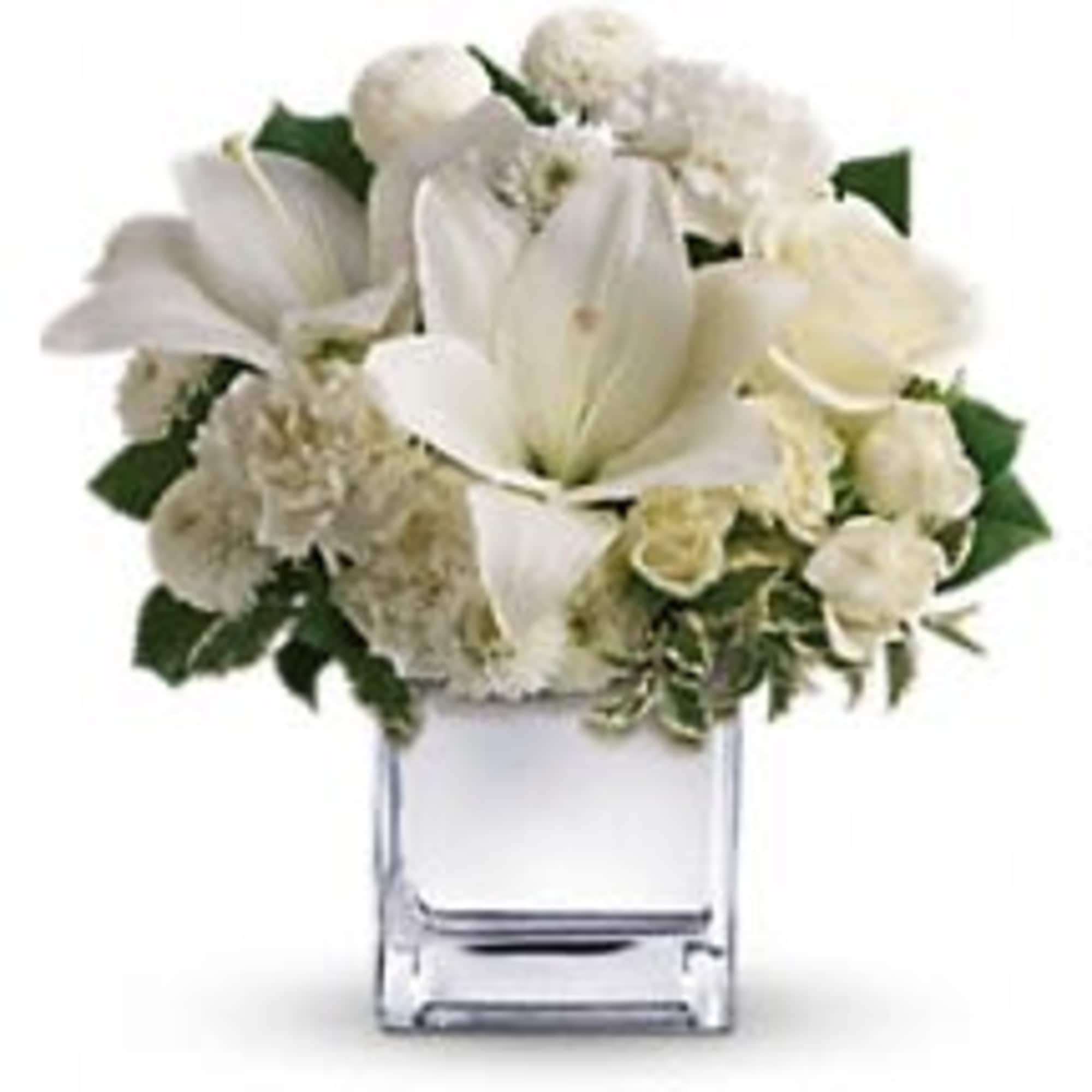  this exquisite all-white bouquet in a dazzling mirrored silver cube may
