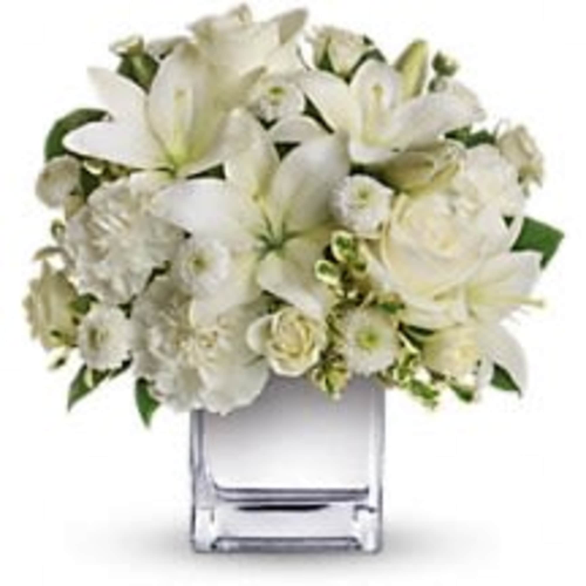  this exquisite all-white bouquet in a dazzling mirrored silver cube may