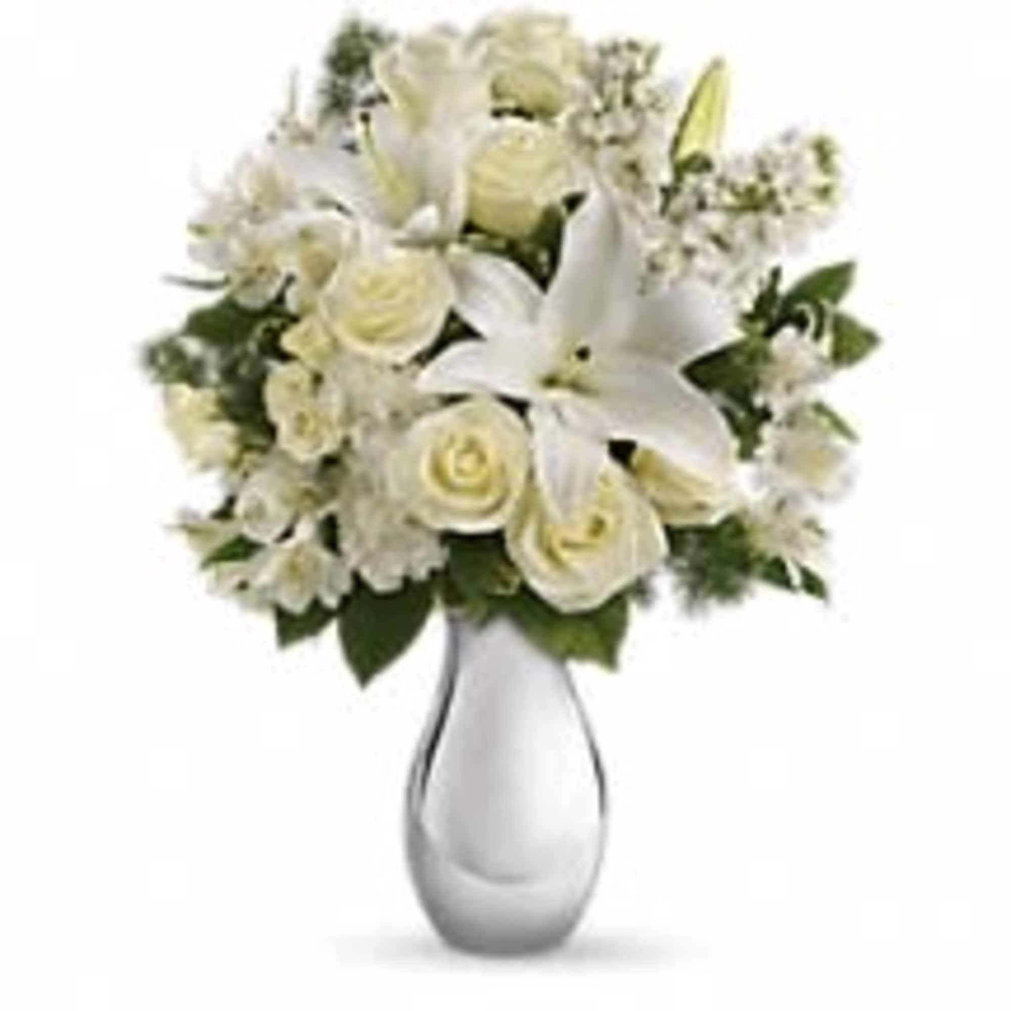 So simple, and so breathtakingly beautiful all-white bouquet of roses, lilies and