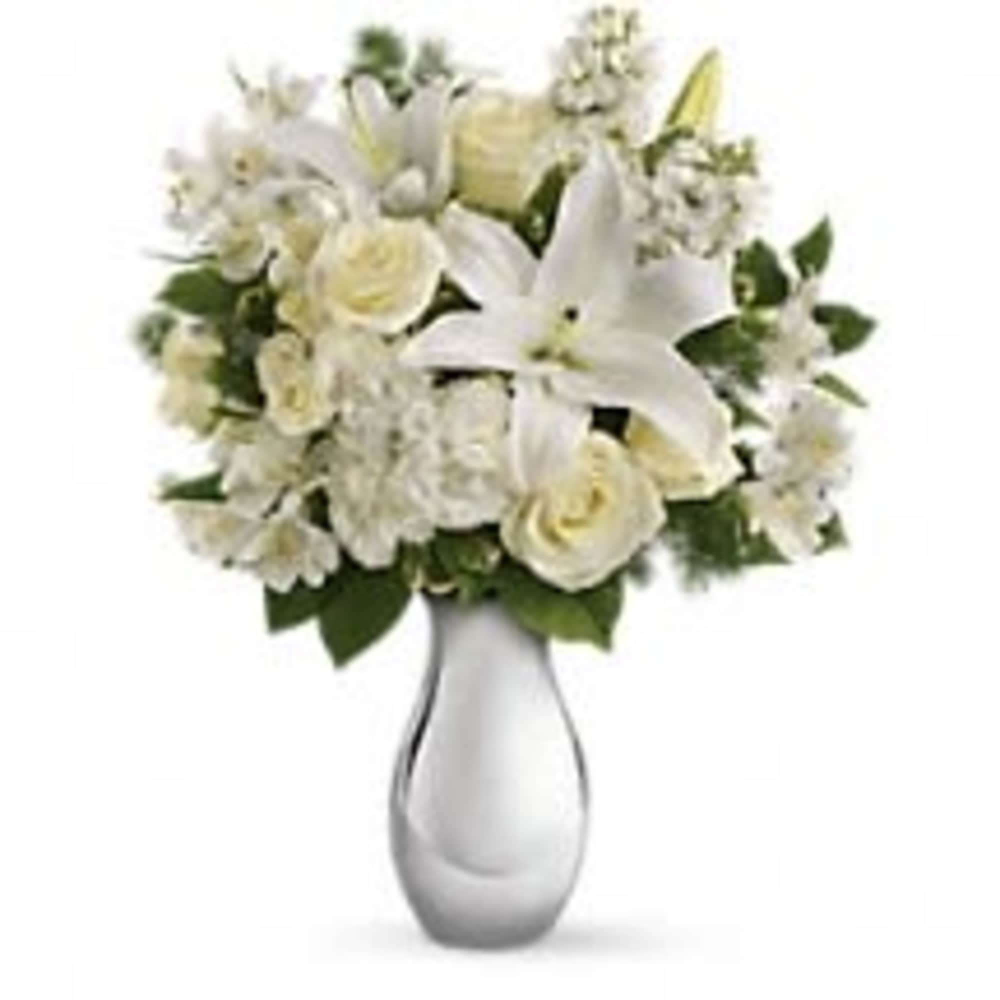 So simple, and so breathtakingly beautiful all-white bouquet of roses, lilies and