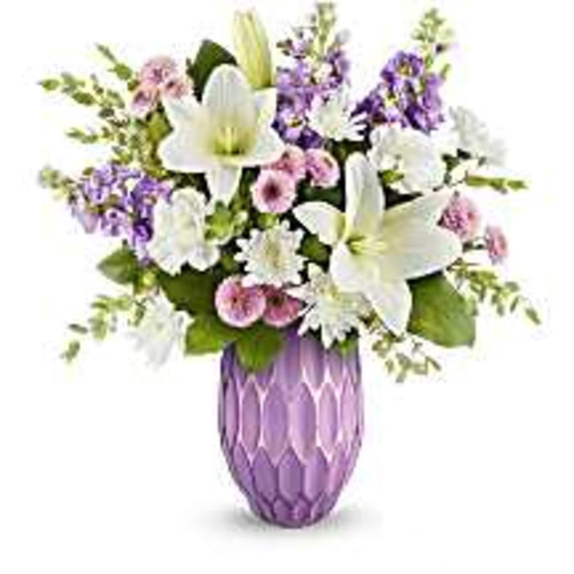 featuring a gorgeous lavender mercury-inspired sculpted glass vase filled with elegant white