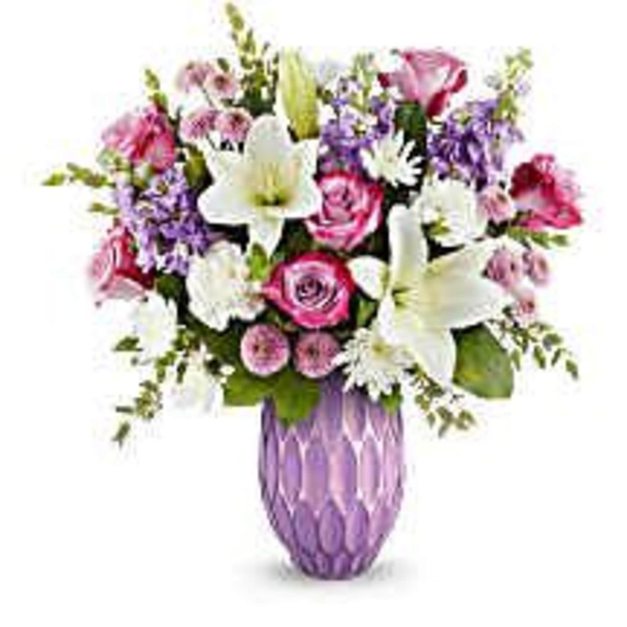 featuring a gorgeous lavender mercury-inspired sculpted glass vase filled with elegant white