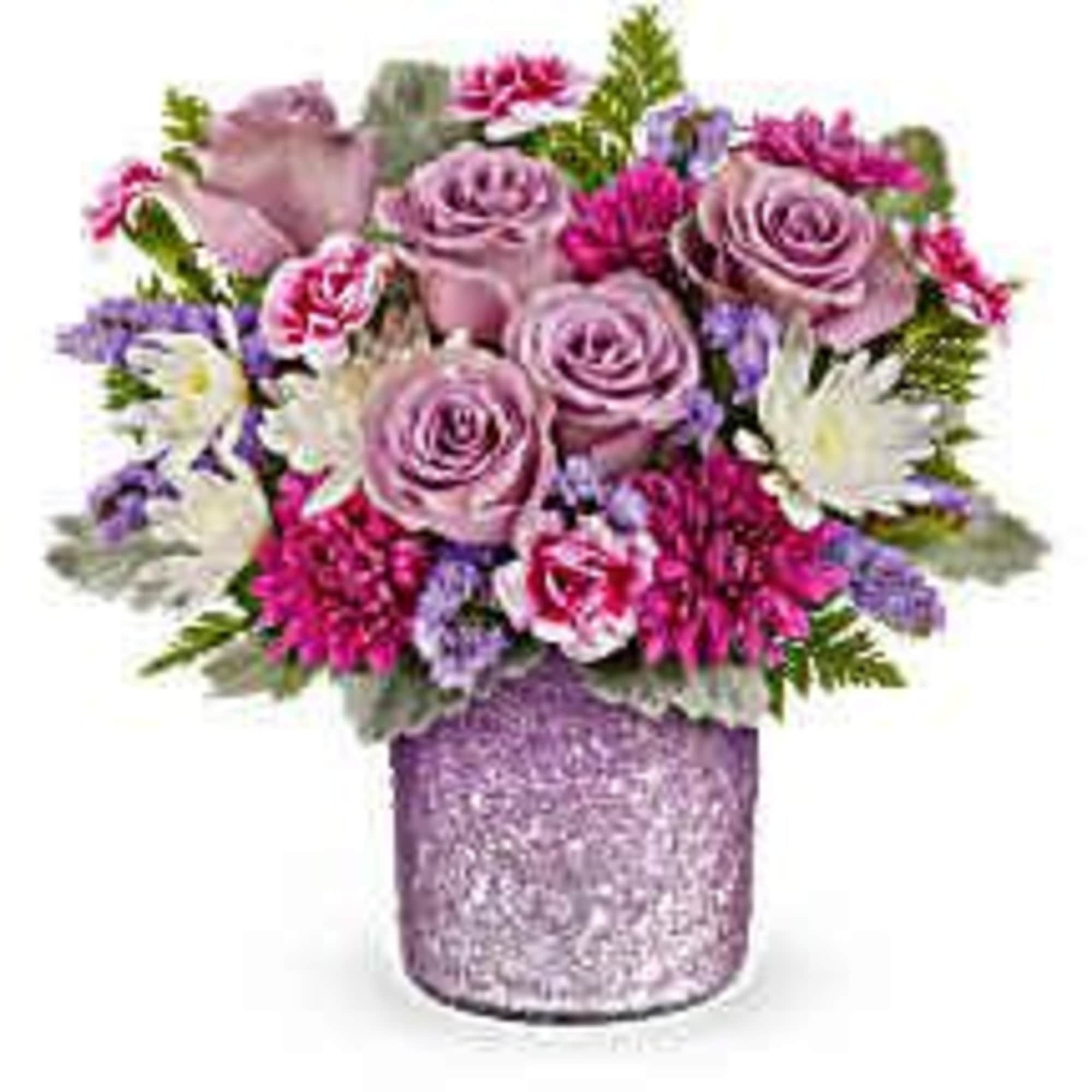 beautiful roses with a touch , of statice lavender , carnations, leather