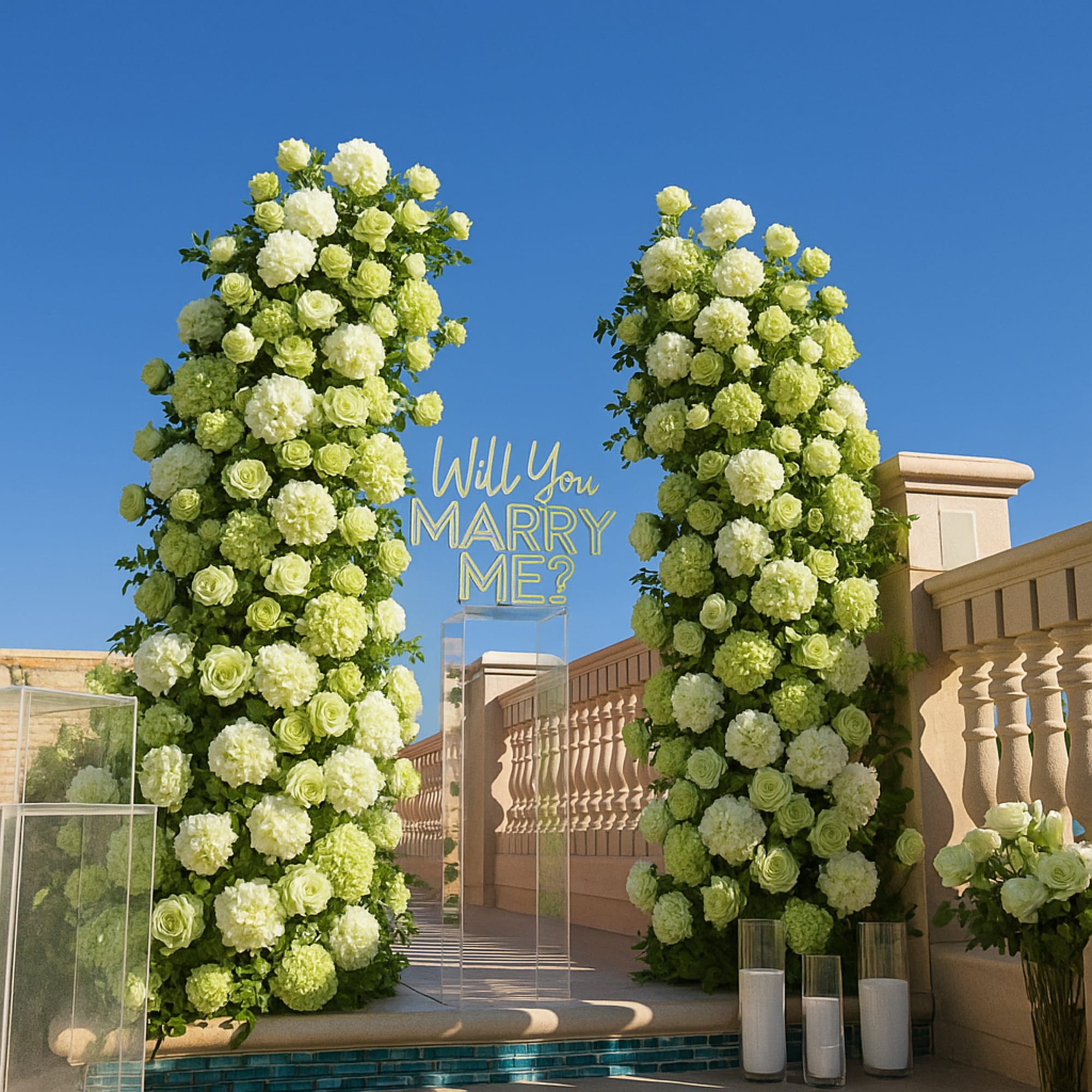 
Create an unforgettable proposal moment with this stunning floral arch, crafted with