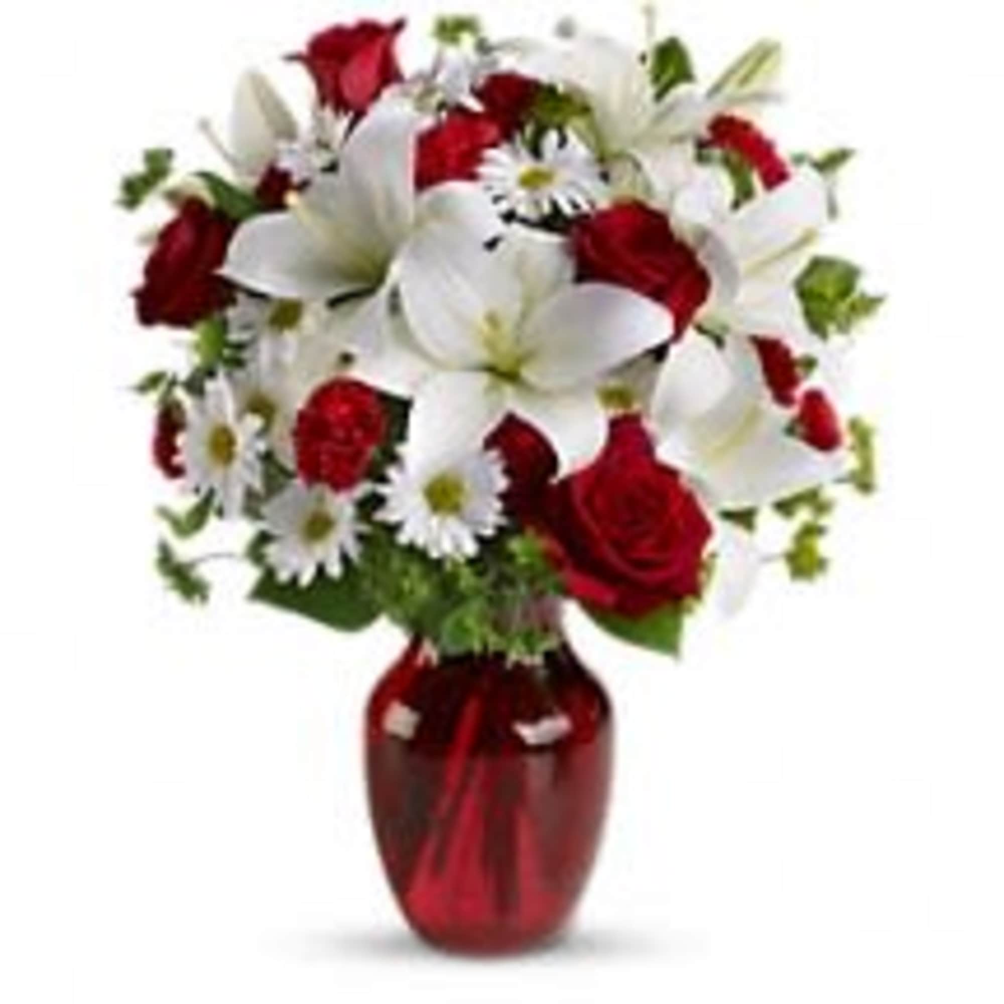  Red roses, snow white lilies and playful daisies are gathered in