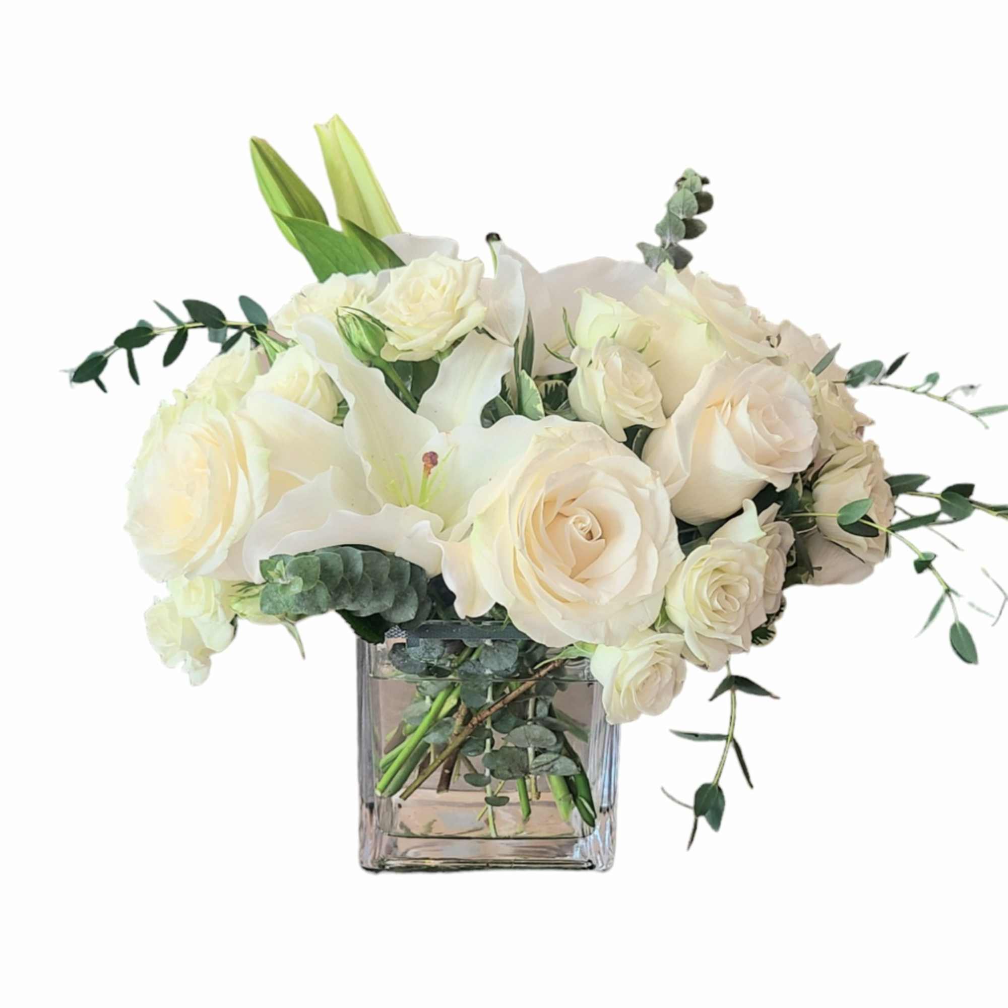 Arrangement with white blooms and beautifully scented  eucalyptus. 