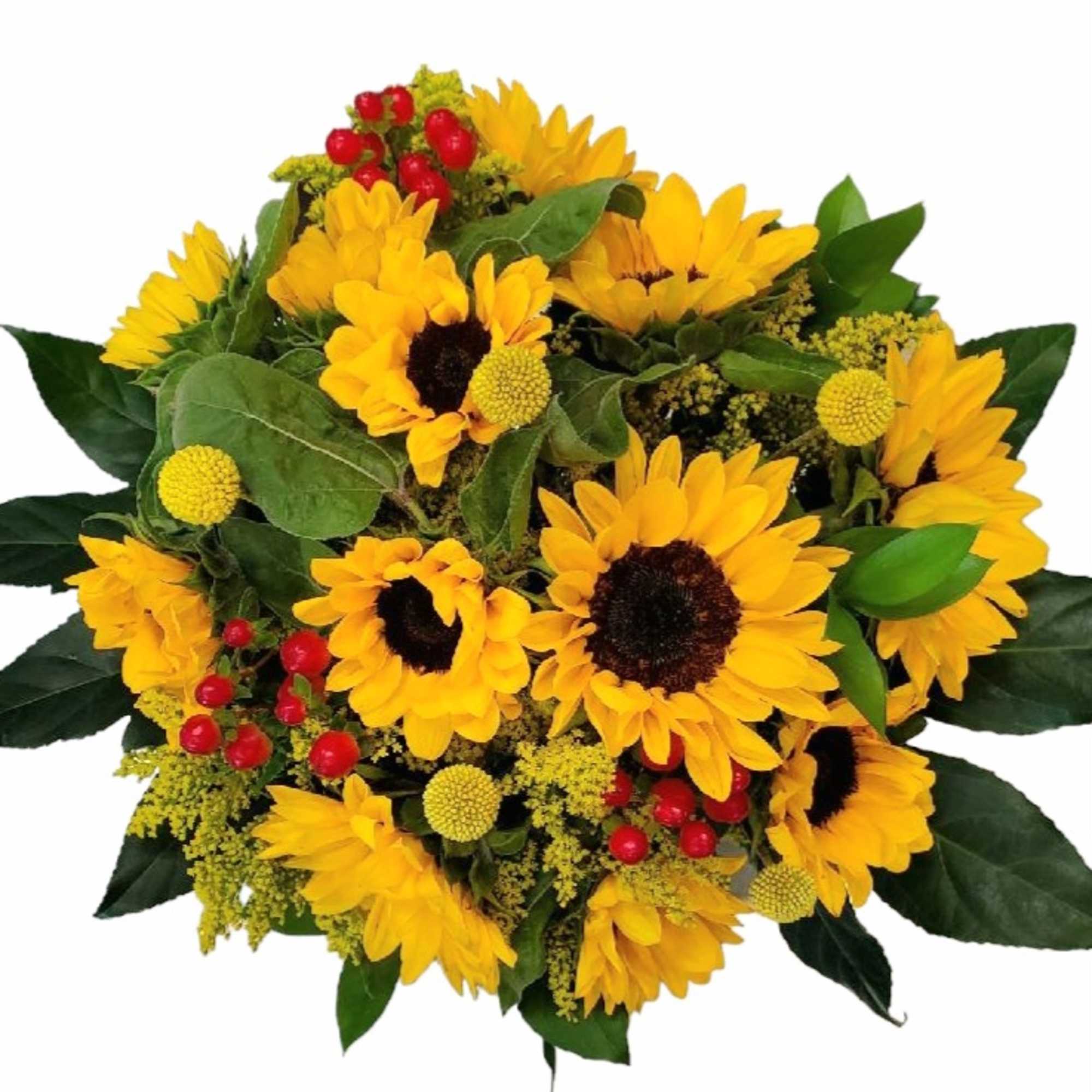 Sunflowers are the greatest. This arrangement Has touches of red berries and
