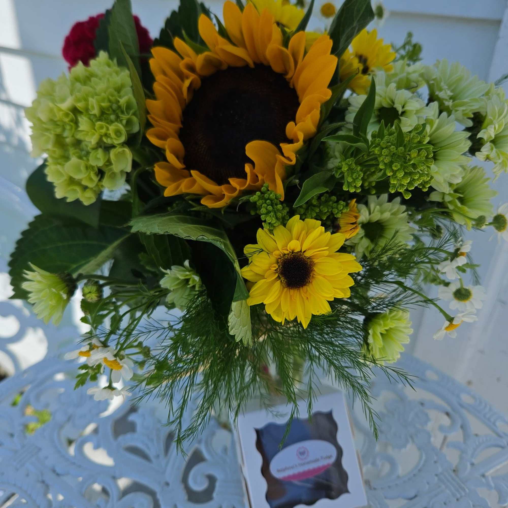 Sunflowers, Hydrangea, daisies, garden flowers arranged in a mason jar with Ralphina&#039;s