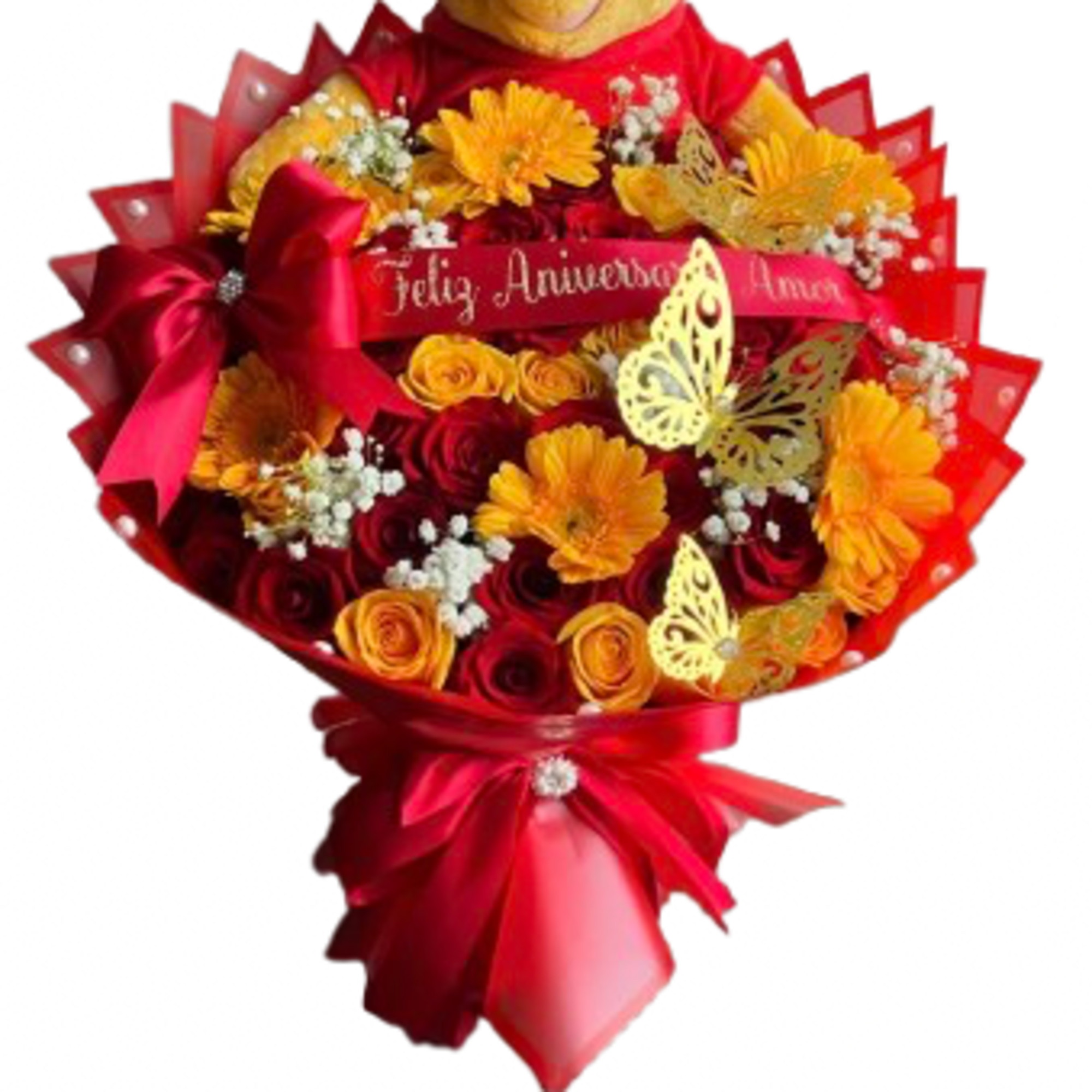25 rose bouquet includes 25 red and yellow roses, babies breath, Winnie