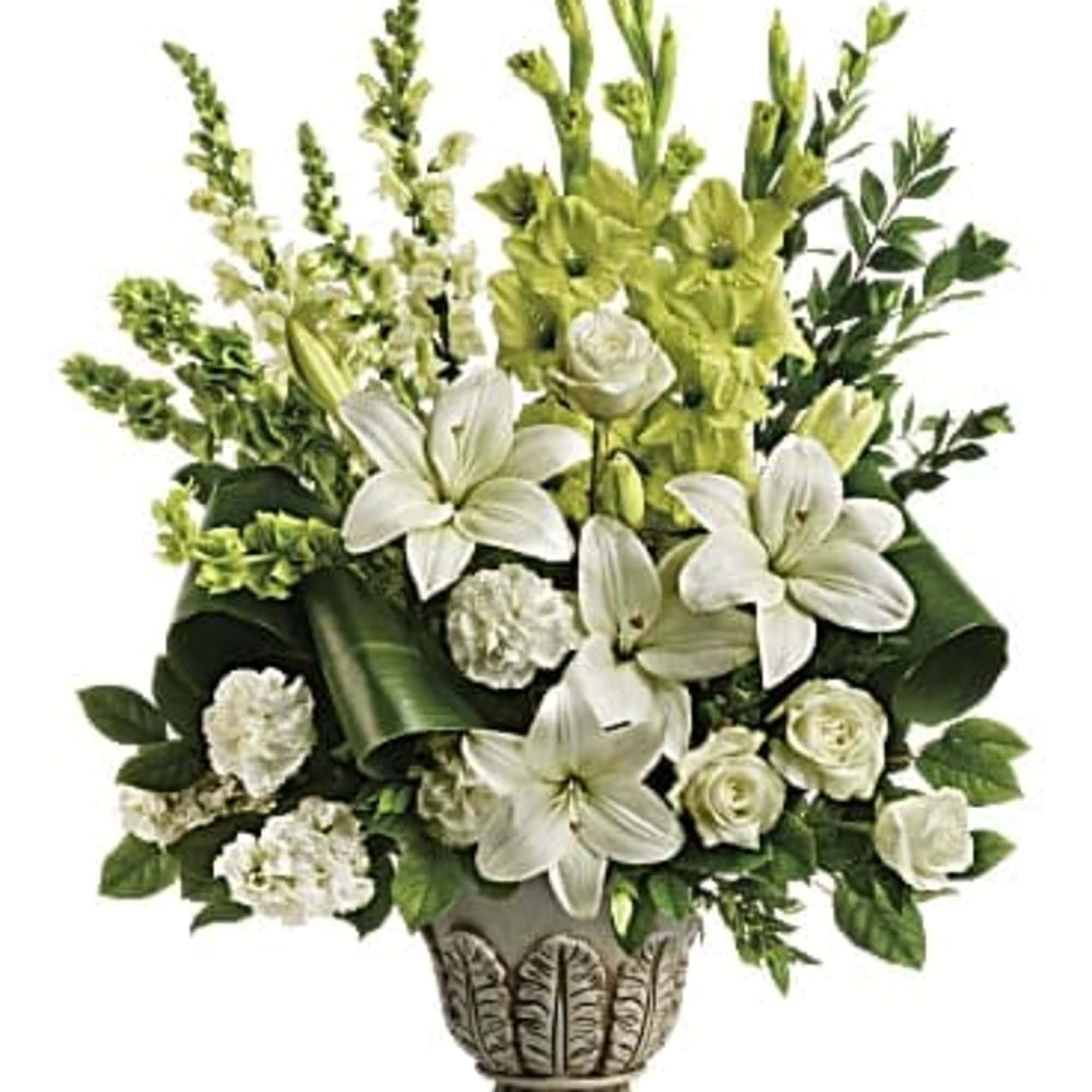 White roses, white asiatic lilies, green gladioli, white carnations, bells of ireland