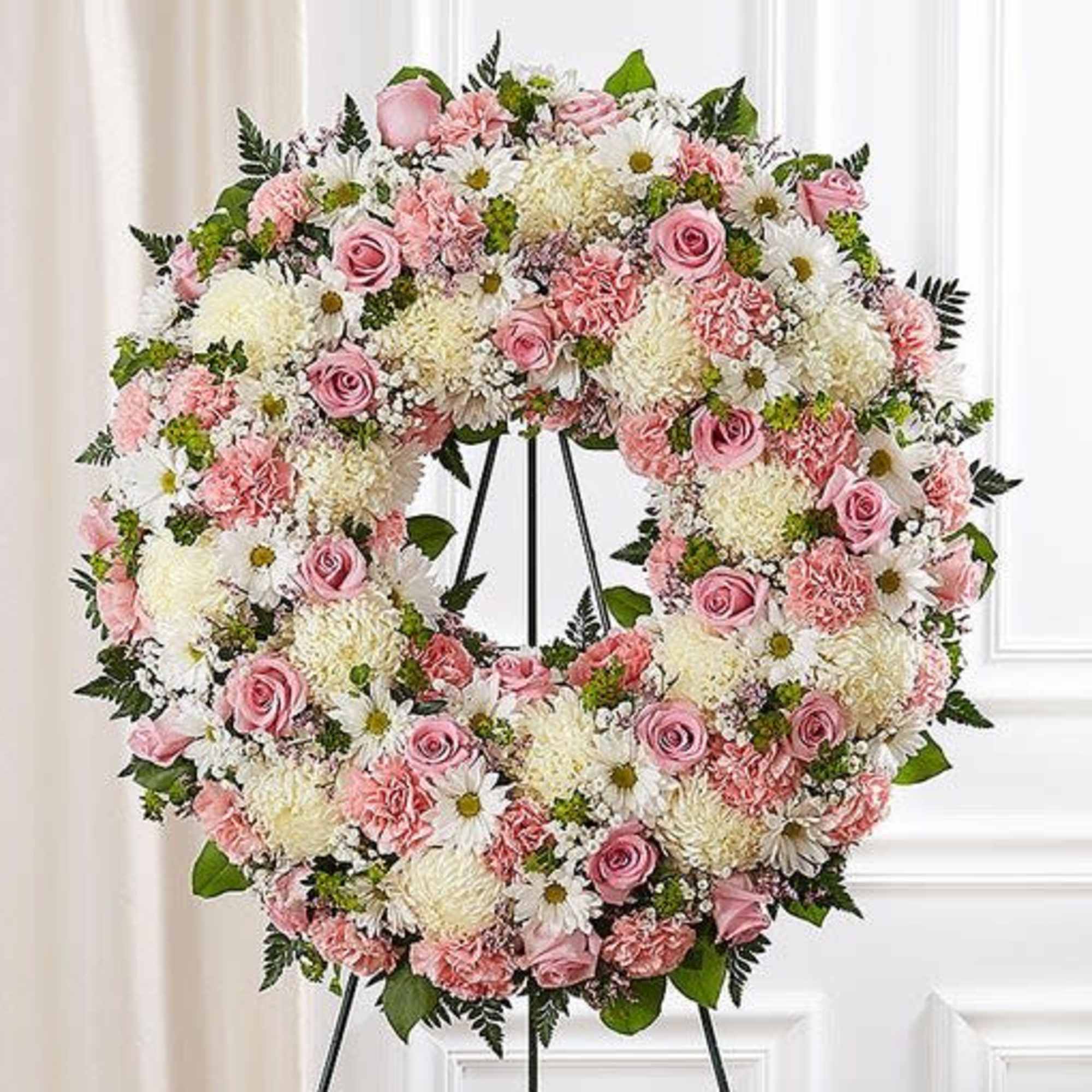  Our standing wreath in pink is a lovely way to celebrate
