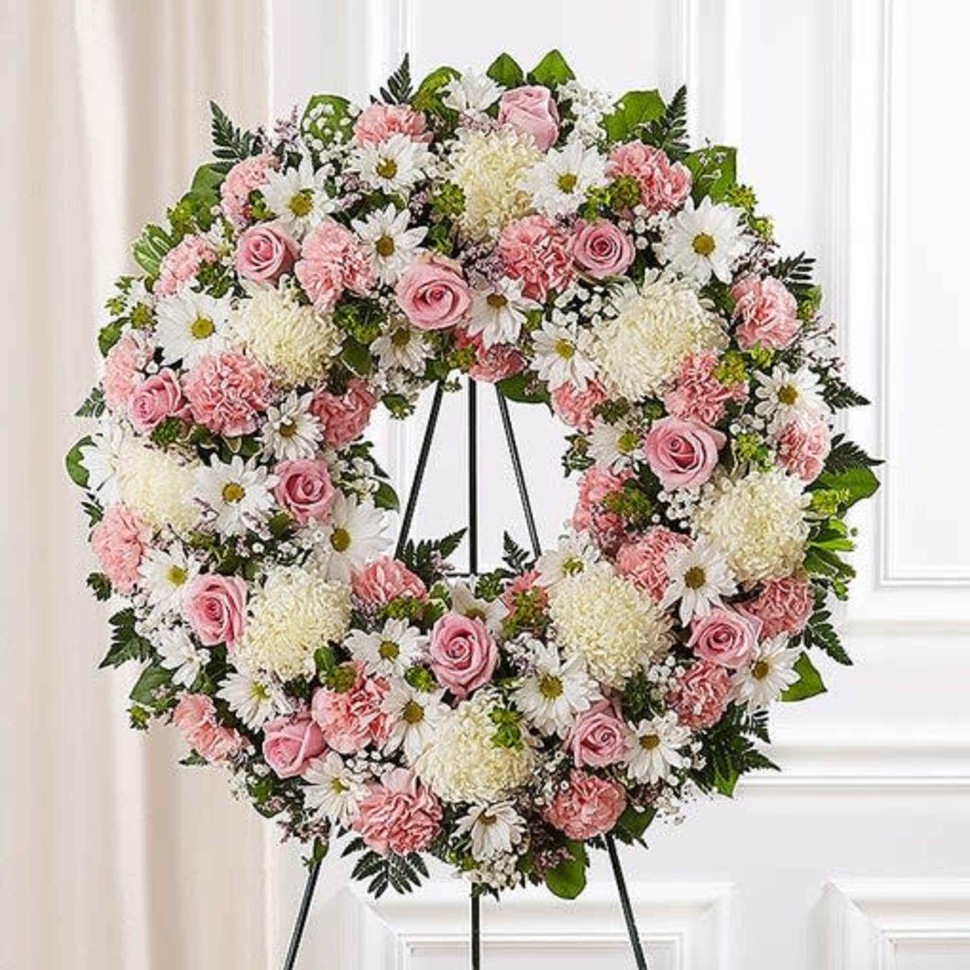  Our standing wreath in pink is a lovely way to celebrate